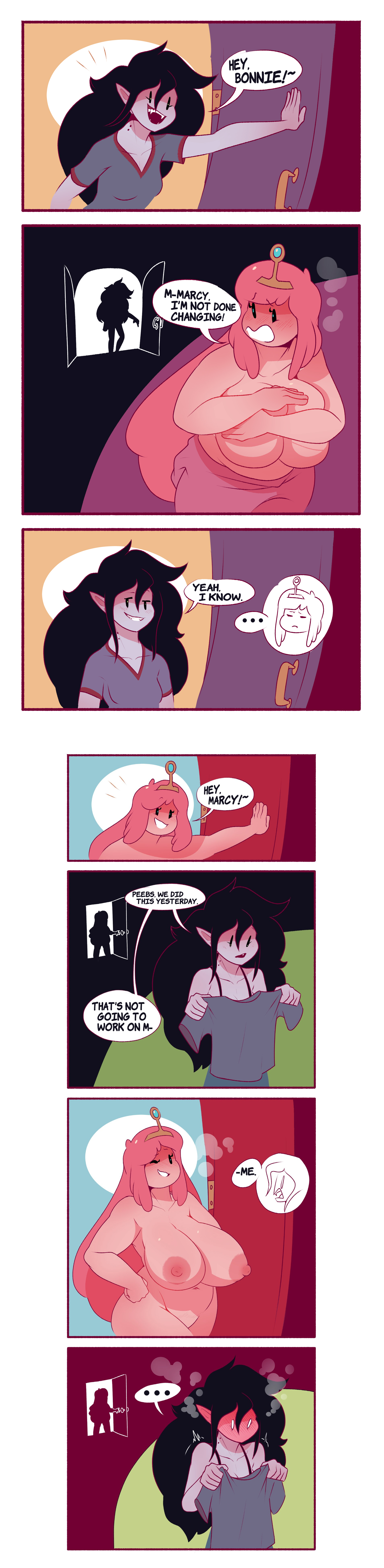 2d, 2girls, adventure time, areolae, bbw, big ass, big breasts, black hair, blush, breasts, canon couple, casual, chubby, chubby female, cleavage, comic, comic strip, curvaceous, curvy, curvy figure, cute, dabble, edit, english text, female, female only, grey body, grey skin, huge ass, huge breasts, huge thighs, humor, large ass, large breasts, marceline, medium breasts, monster, monster girl, nipples, nude, pale skin, pink body, pink hair, pink skin, plump, princess bubblegum, skinny, speech bubble, text, thick thighs, thighs, vampire, vampire girl, voluptuous, voluptuous female, wide hips, yuri