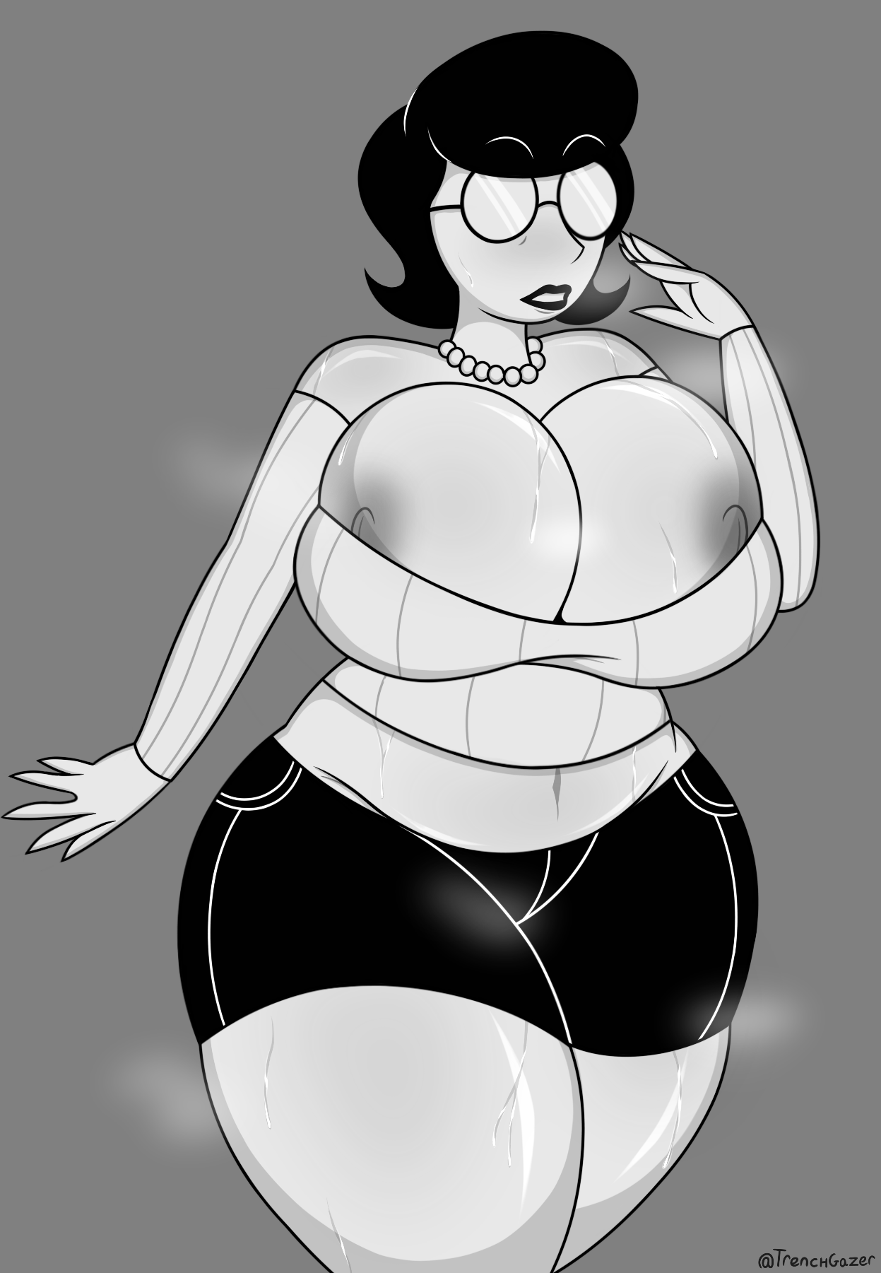 1girls, 2022, big breasts, black hair, black lipstick, breasts, diary of a wimpy kid, female, female only, glasses, human, mature, mature female, milf, nipples, solo, susan heffley, sweat, sweat on breasts, trenchgazer