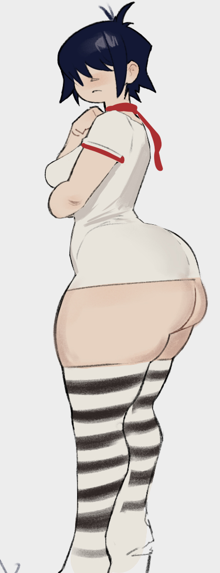 1girls, ass, bangs, bangs over eyes, big ass, big butt, bottom heavy, breasts, bubble butt, clothed, clothed female, clothing, curvy, cute, cute face, dark hair, dress, female, female focus, female only, gorillaz, hair over eyes, krid (artist), large ass, light skin, light-skinned female, looking at viewer, looking back, medium breasts, noodle (gorillaz), noodle (plastic beach), pale skin, pale-skinned female, part of a set, plump, plump ass, short hair, skindentation, small breasts, solo, solo female, solo focus, thick, thick ass, thick legs, thick thighs, thighhighs, thighs, tight clothes, tight clothing, tube dress