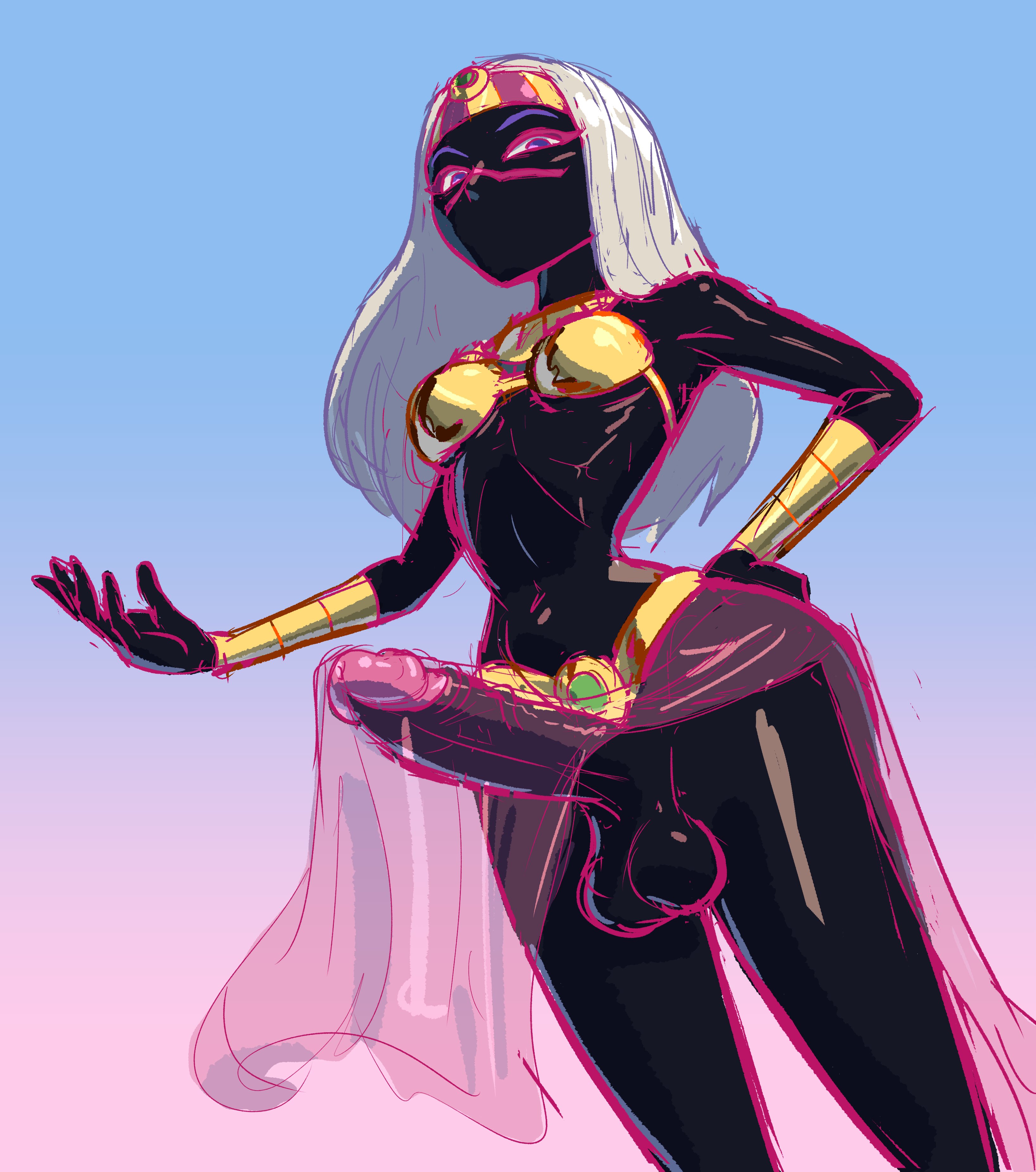 1futa, balls, black skin, breasts, dark skin, duck dodgers, erection, from below, futa only, futanari, gradient background, humanoid, intersex, looking at viewer, martian, narrow waist, pears (artist), penis, queen tyr'ahnee, small breasts, solo, solo futa, warner brothers, white hair, wide hips