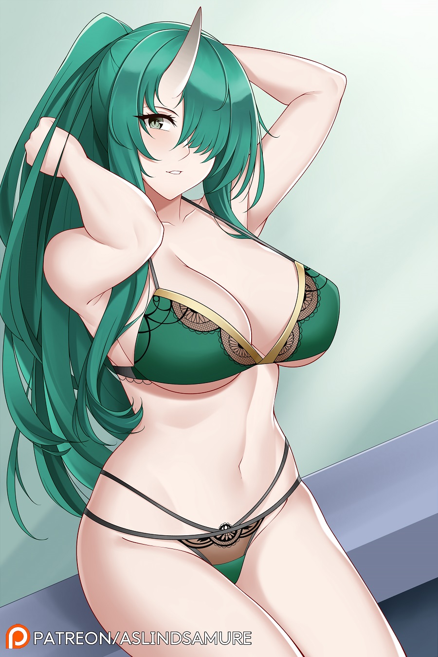 1girls arknights aslindsamure big_ass big_breasts female green_hair hair_over_one_eye hand_on_head horn hoshiguma_(arknights) long_hair multi-strapped_bikini ponytail simple_background smile solo underwear yellow_eyes