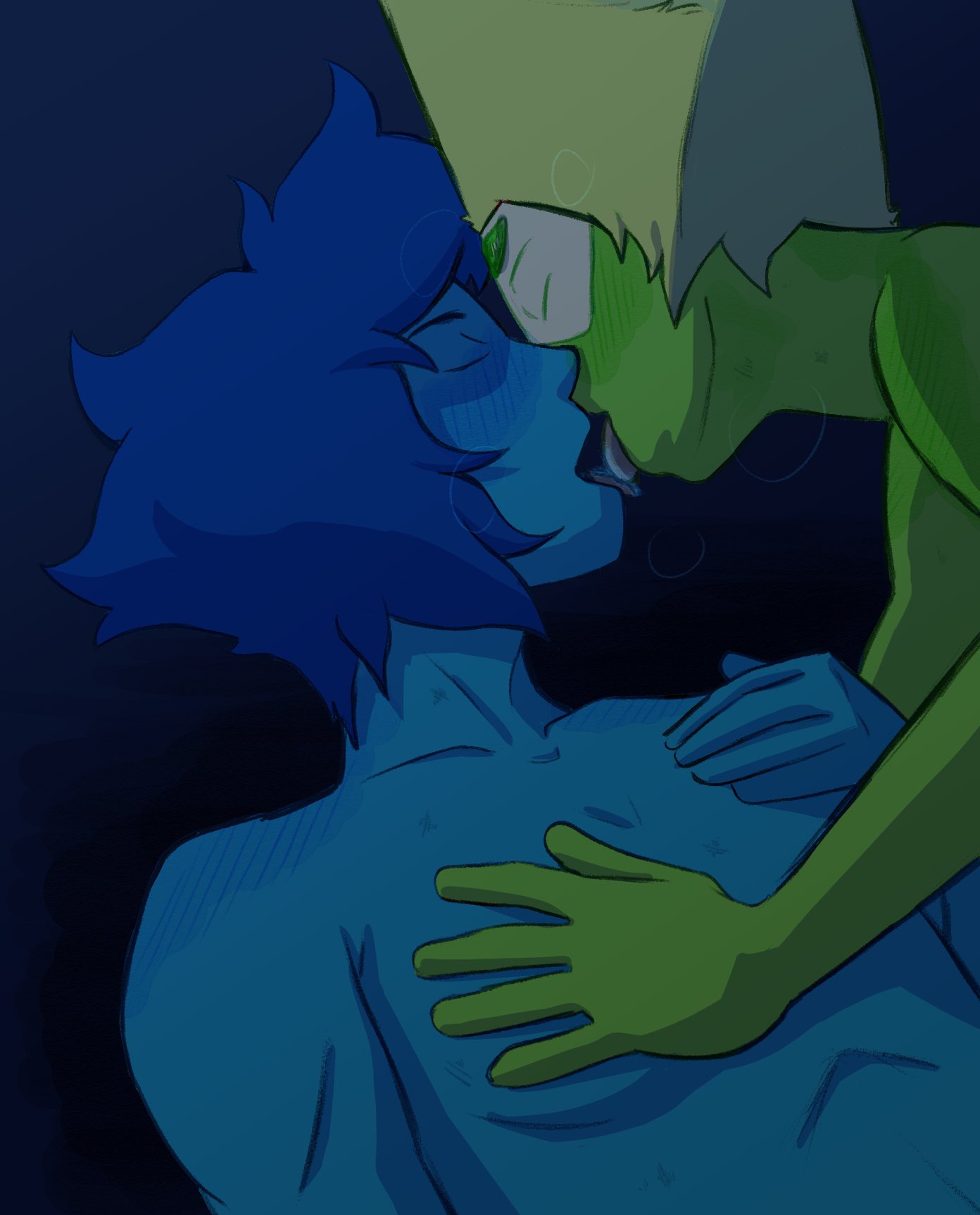 2girls barnsinbin blue_hair blue_skin closed_eyes green_skin hand_on_breast kissing lapis_lazuli_(steven_universe) multiple_girls nude peridot_(steven_universe) sex steven_universe yuri