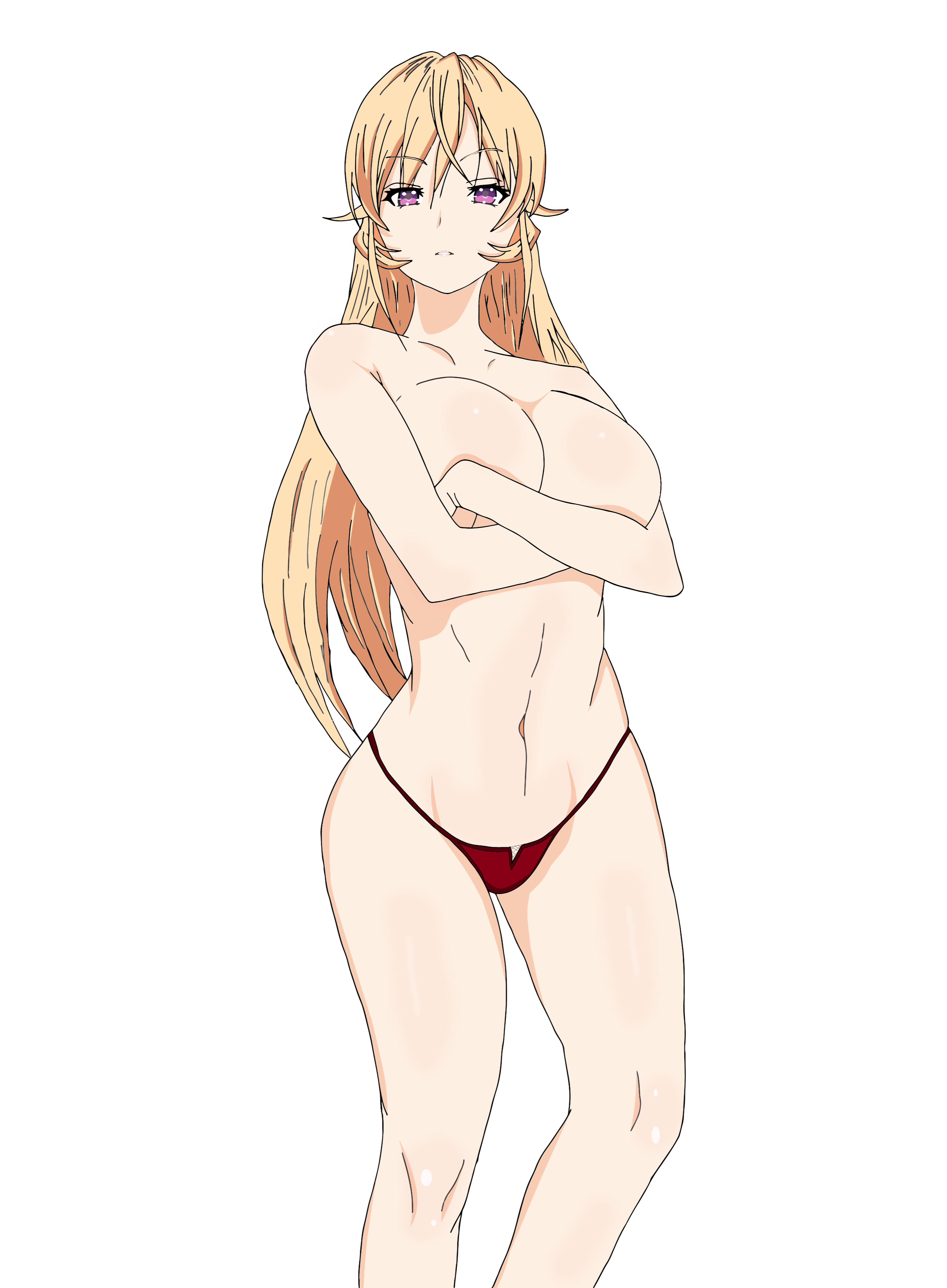 1girls, blonde hair, blonde-haired female, breasts, female, full body, g-string, holding breast, large breasts, lingerie, looking at viewer, lpogo, nakiri erina, no bra, open mouth, panties, purple eyes, red lingerie, shokugeki no souma, solo, surprised, topless, undressing, white background