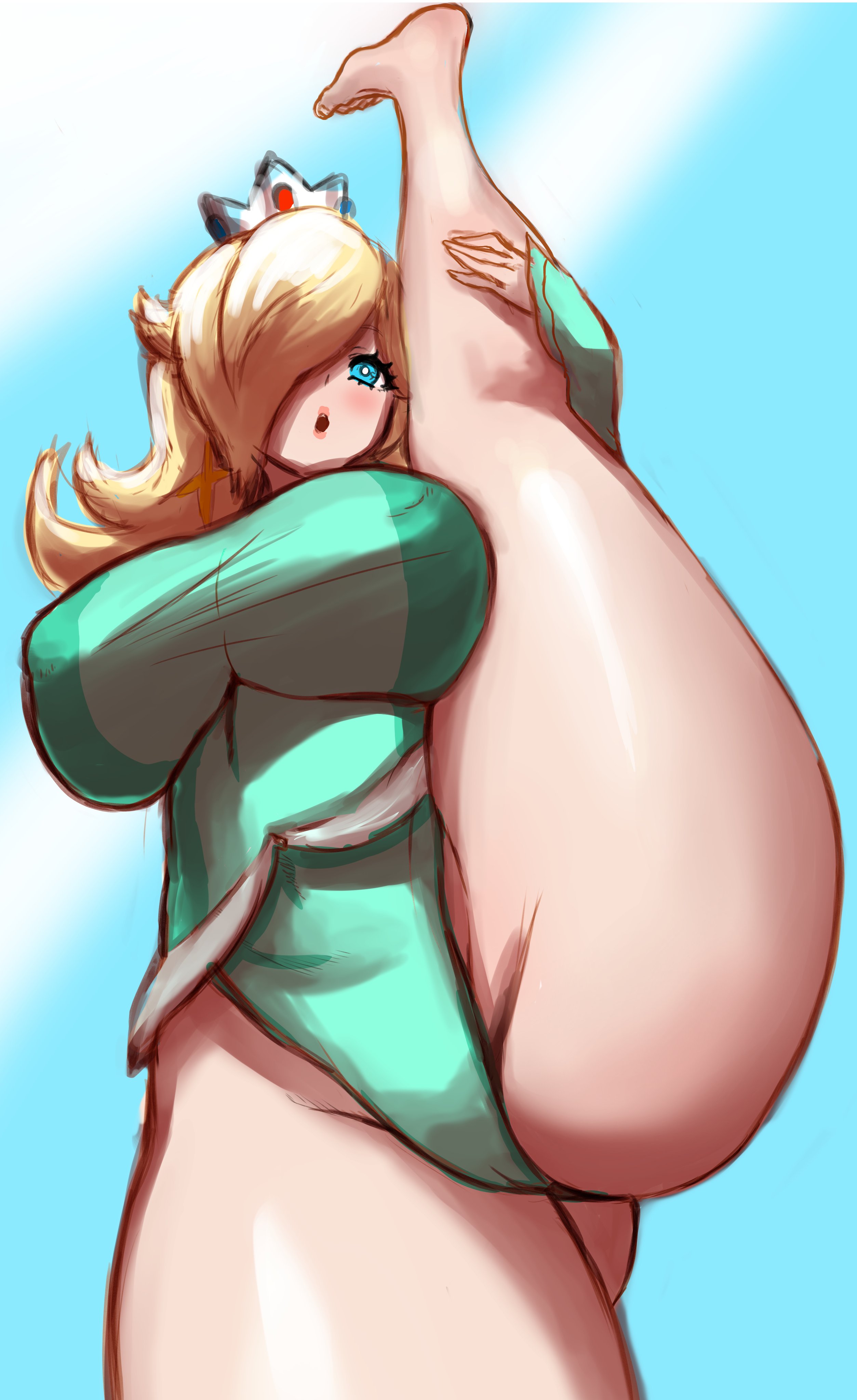 1girls, awesomeerix, bare legs, barefoot, big breasts, big thighs, blue eyes, breasts, crown, earrings, female, female only, gymnastics, hair over one eye, jpeg, leg up, leotard, lips, lipstick, long hair, long sleeves, looking at viewer, low-angle view, mario (series), mario and sonic at the olympic games, nintendo, nipple bulge, open mouth, platinum blonde hair, princess rosalina, princess rosalina (gymnastics), sleeved leotard, solo, splits, tagme, thick, thick hips, thick thighs, thighs, vertical splits, wide hips