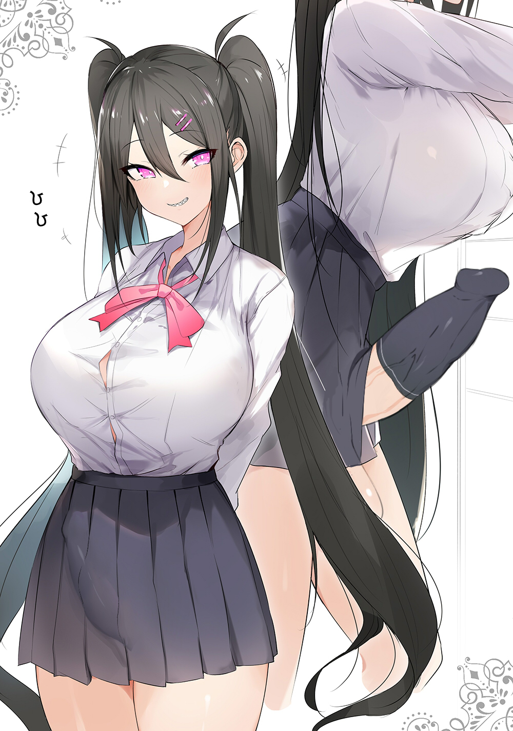 1futa big_breasts big_penis black_hair bulge clothed clothing cock_sleeve cock_sleeve_(clothes) cock_sock erection fully_clothed futa_only futanari futanari_exposed genitalwear human penis_out penis_under_clothes penis_under_skirt pink_eyes purple_eyes red_potato_rinrin school_uniform solo solo_focus yuuki_nanase_(red_potato_rinrin)