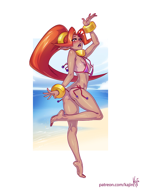 1girls ass_cleavage bikini blush breasts breasts_out butt_crack din gerudo kajinman long_hair nintendo oracle_of_seasons ponytail red_hair small_breasts solo surprised the_legend_of_zelda