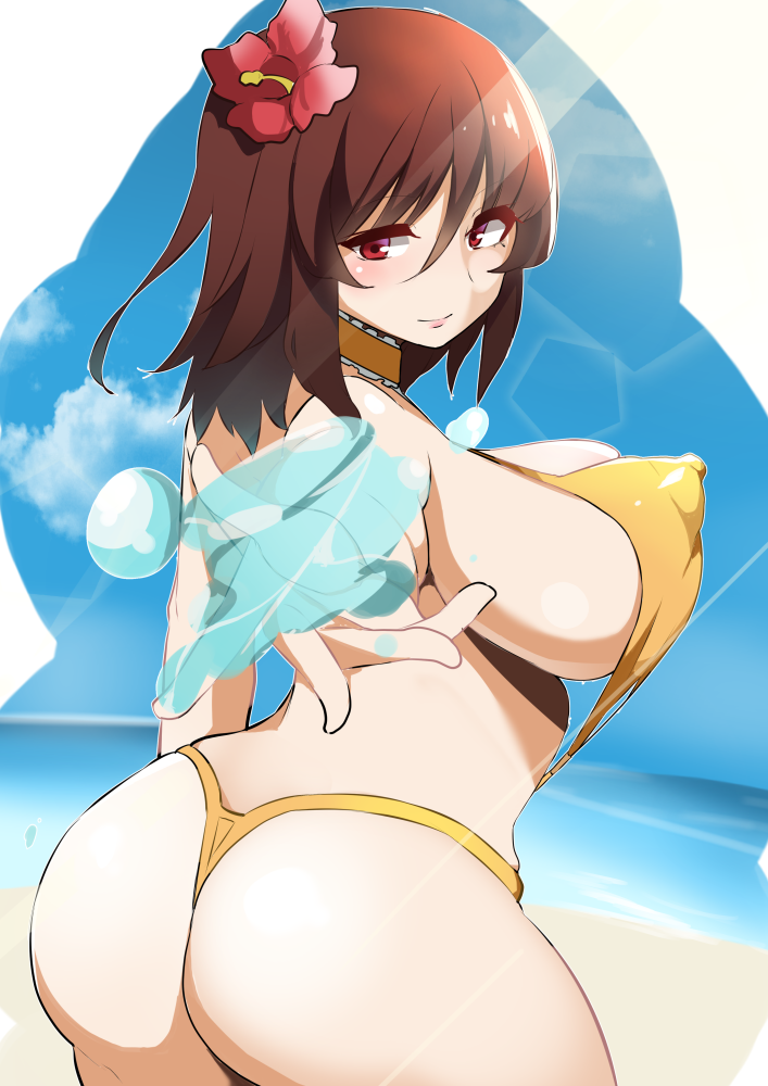 1girls 2020 ass back beach breasts brown_hair eyes_visible_through_hair female female_only flower hair_flower highres huge_ass large_breasts milf mituyota_76 mizuki_shiranui mother nipple_bulge ocean puffy_areola puffy_nipples red_eyes shiny shiny_skin sideboob sky sling_bikini smile solo succubus swimsuit taimanin_(series) taimanin_yukikaze thick_thighs thighs water yellow_swimsuit