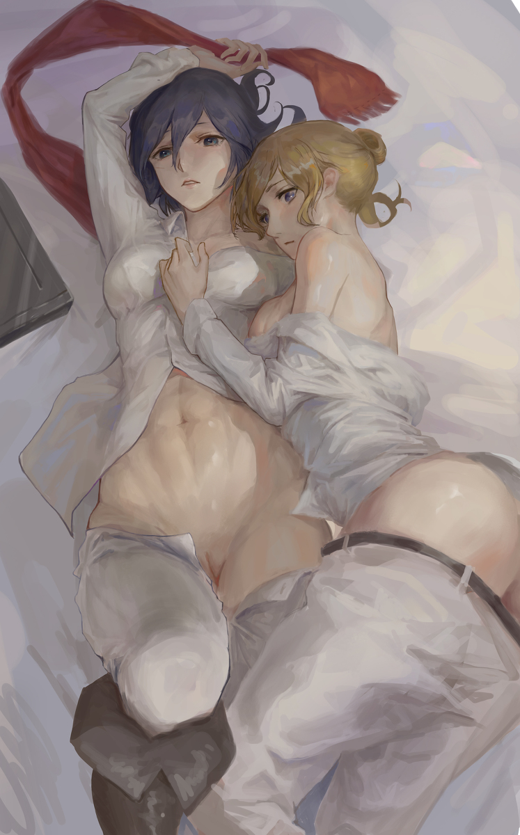 2girls, abs, annie leonhardt, asian, asian female, attack on titan, bed, black hair, black-haired female, blond, blonde female, blonde hair, blonde-haired female, blue eyes, breasts, female, female only, hand on another's chest, lesbian, lesbians, looking away, mikannie, mikasa ackerman, pants down, pussy, red scarf, shaved pussy, shingeki no kyojin, uncensored, white clothing, yuri