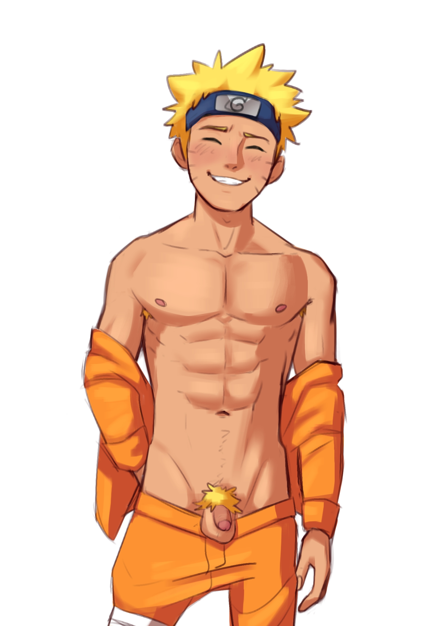 1boy, abs, balls, blonde hair, blush, closed eyes, forehead protector, gay, gay male, headband, jacket, male, male only, naruto, naruto (series), naruto shippuden, nipples, penis, pose, posing, pubes, pubic hair, small penis, smile, smiling, solo, solo focus, solo male, standing, testicles, tiny penis, uzumaki naruto, vinceteaa, whisker markings, whiskers, white background, yaoi