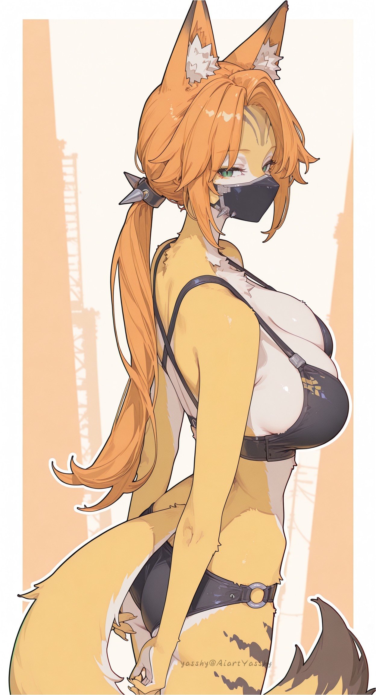 ai generated, cat ears, cat tail, catgirl, from side, furry female, large breasts, mask, ponytail, pulchra fellini, sideboob, zenless zone zero