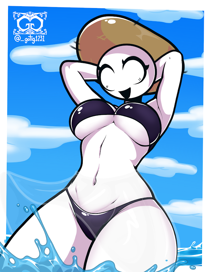 almost naked, almost nude, bald, bald female, beach, belly, belly button, bikini, bikini bottom, bikini top, female, female focus, friday night fever, friday night funkin, friday night funkin mod, gotig1231, hat, hips, in water, navel, partially clothed, semi nude, solo, solo female, swimsuit, swimwear, taki (fevertown), thighs, underboob, water, white body, white eyes, white skin