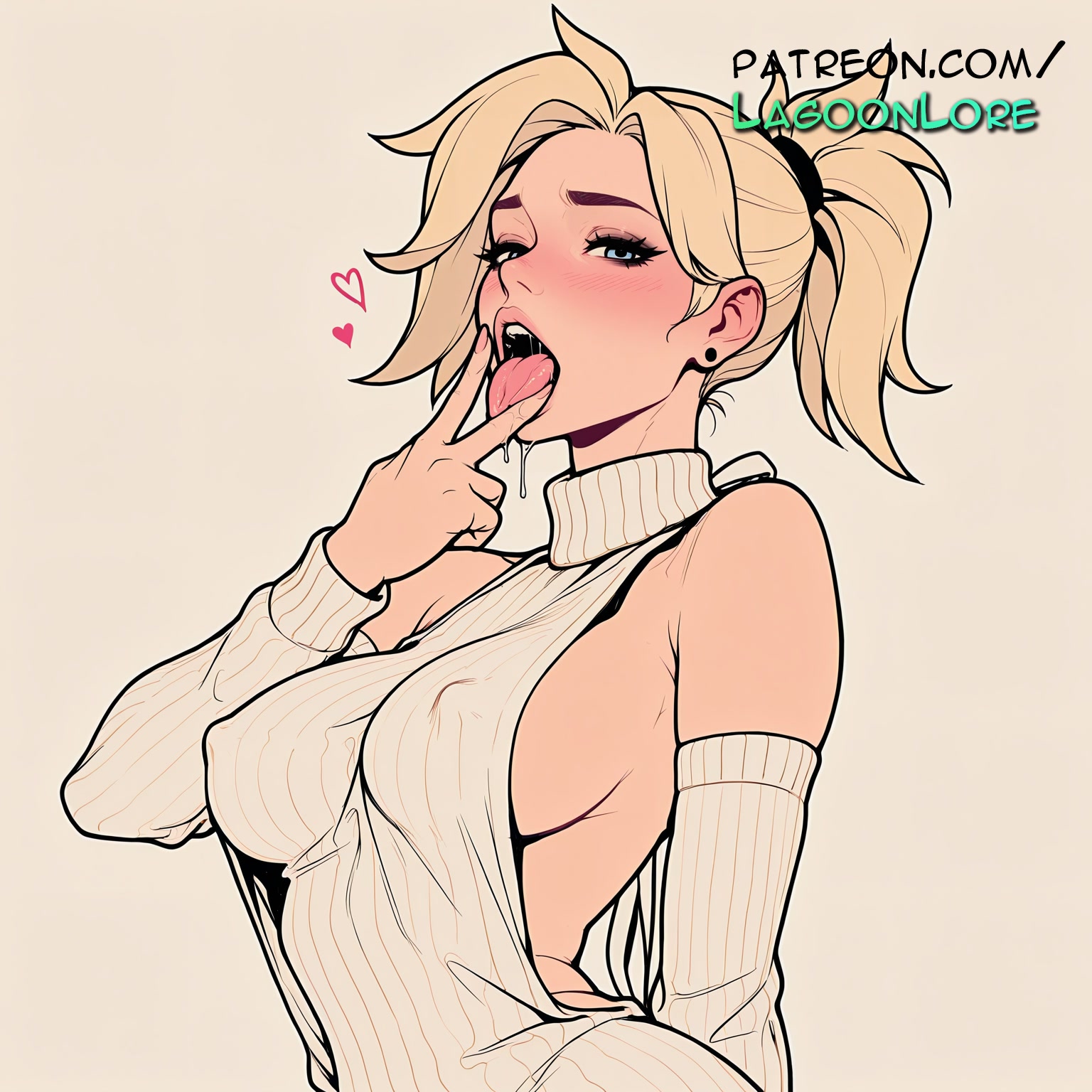 ai generated, artist name, bare shoulders, blonde hair, blue eyes, breasts, bust, chest, covered nipples, cunnilingus gesture, earrings, fellatio gesture, female, gradient, gradient background, heart, hi res, highres, jewelry, lagoonlore, looking at viewer, meme attire, mercy, overwatch, patreon, patreon username, ponytail, ribbed sweater, sideboob, solo, sweater, tongue, tongue out, turtleneck, upper body, virgin killer sweater, watermark