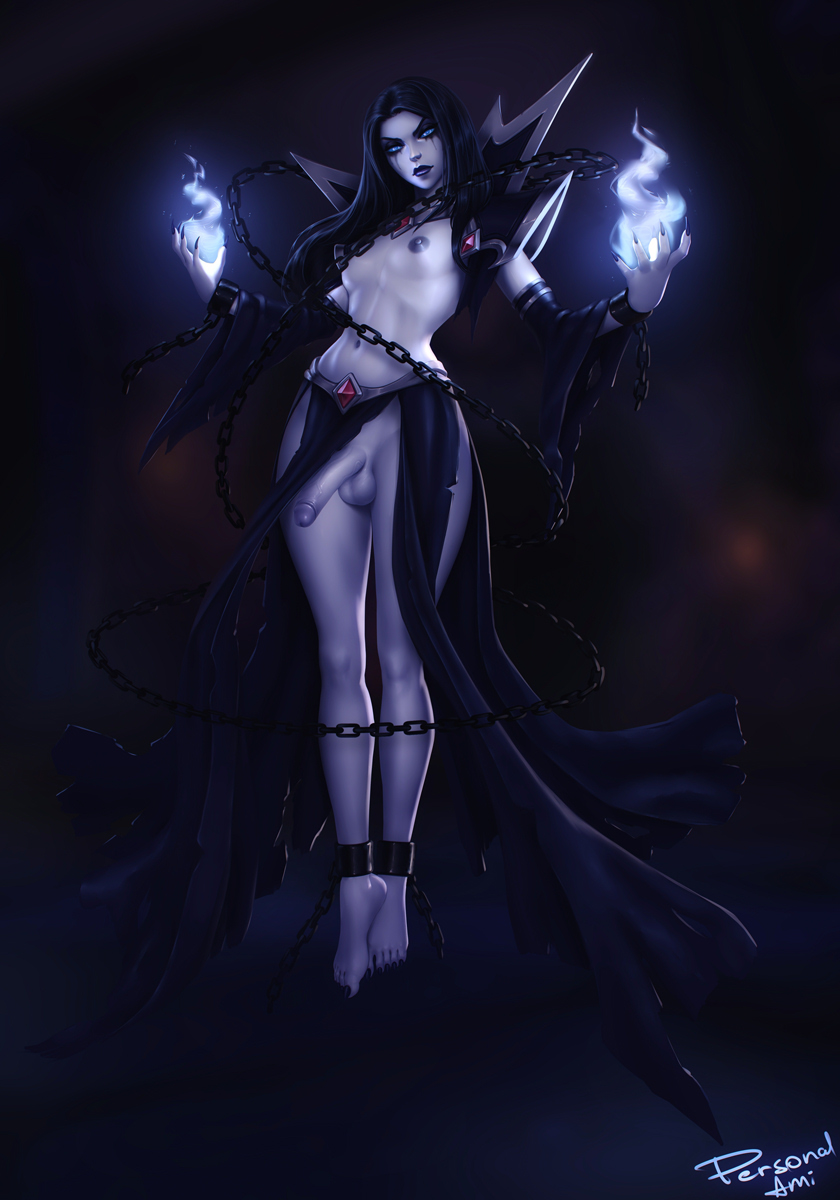 1boy, balls, black hair, chains, erection, femboy, levitation, long fingernails, magic, magic user, male, mascara, nipples, penis, personalami, sharp nails, solo, testicles, trap