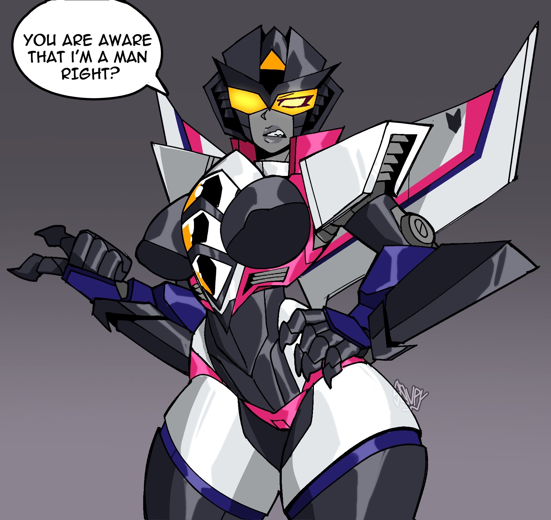 2026, big breasts, dialogue, fembot, mtf crossgender, redesign, robot, rottingsoup (artist), solo, solo female, starscream, tagme, thick, thick thighs, transformers