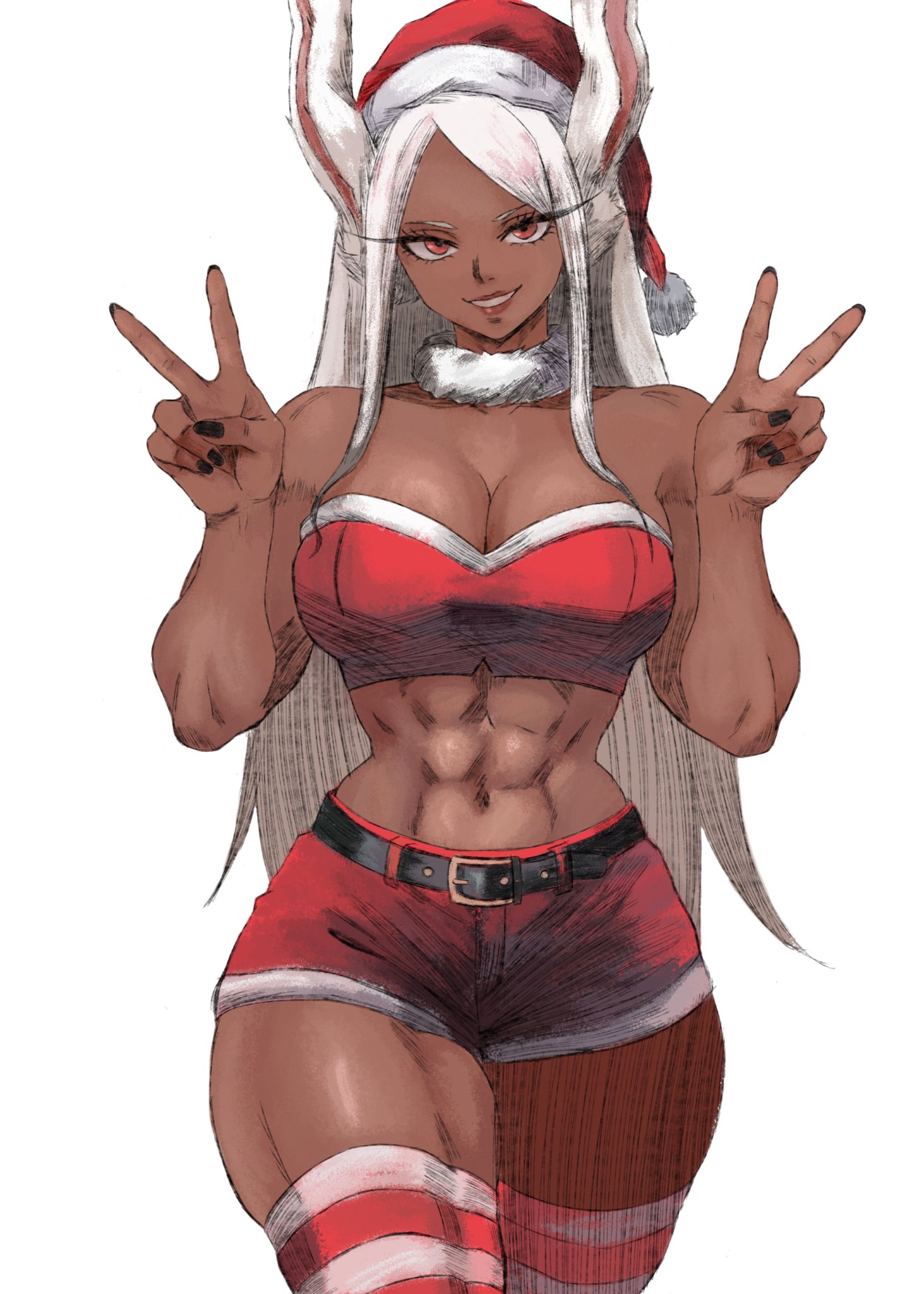 abs, animal ears, bare arms, bare shoulders, belt, black belt, black nails, boku no hero academia, breasts, christmas, cleavage, dark skin, dark-skinned female, double v, eddenikki, female, fur collar, fur trim, fur-trimmed headwear, hands up, hat, highres, large breasts, long eyelashes, long hair, looking at viewer, midriff, miruko, my hero academia, nail polish, navel, parted bangs, rabbit ears, rabbit girl, red eyes, red hat, red shorts, red tube top, rumi usagiyama, santa hat, short shorts, shorts, simple background, smile, solo, stomach, strapless, striped clothes, striped thighhighs, thick thighs, thighhighs, thighs, toned, toned female, tube top, v, very long hair, white background, white hair, white trim