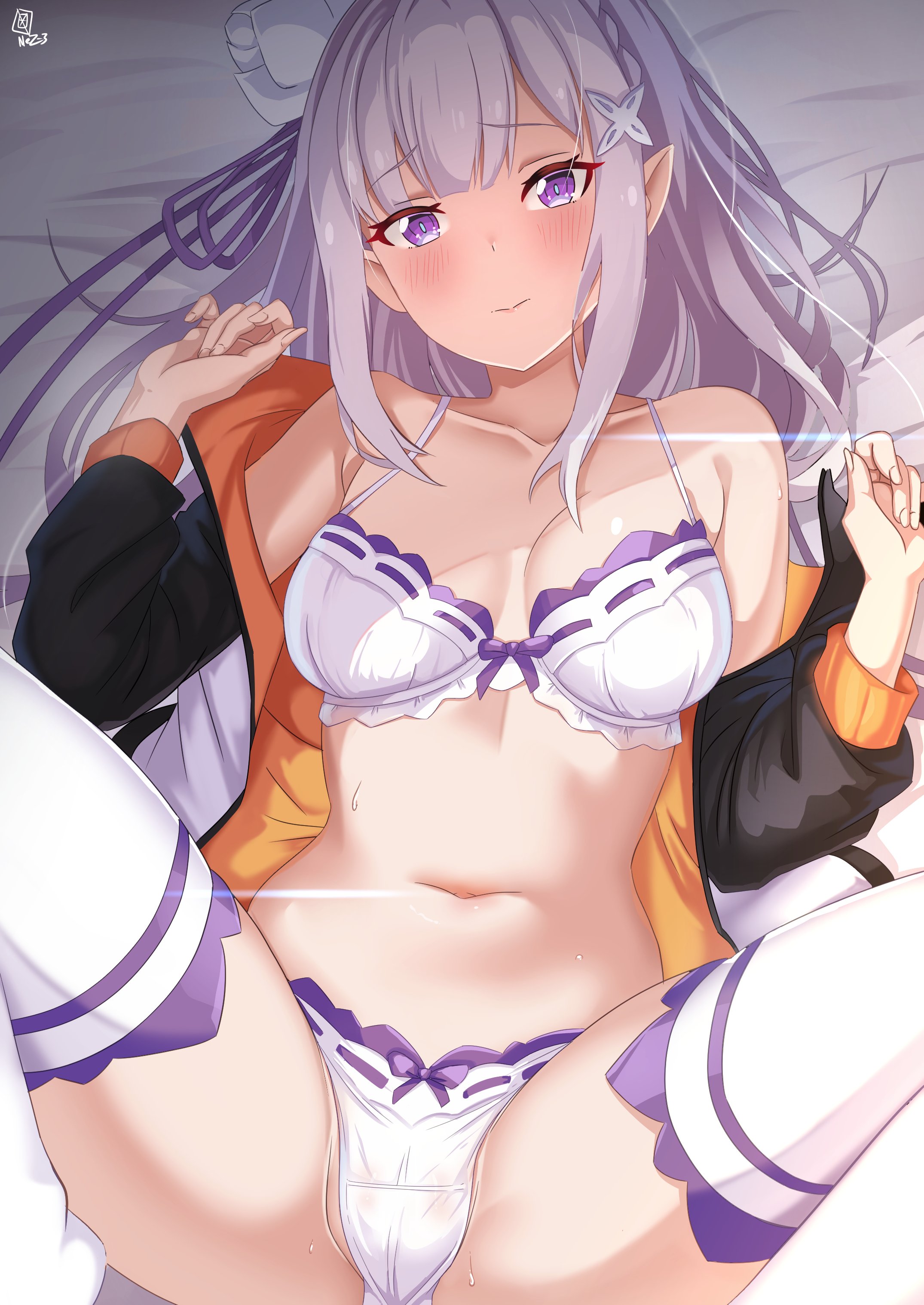 1girls, belly, blush, bra, breasts, breasts apart, elf, elf ears, elf female, emilia (re:zero), half naked, looking at viewer, lying on back, natsuki subaru (cosplay), nez-3, offering to viewer, on bed, open clothes, open jacket, panties, purple eyes, re:zero kara hajimeru isekai seikatsu, silver hair, solo, spread legs, sweat, thigh highs, thighs, underwear