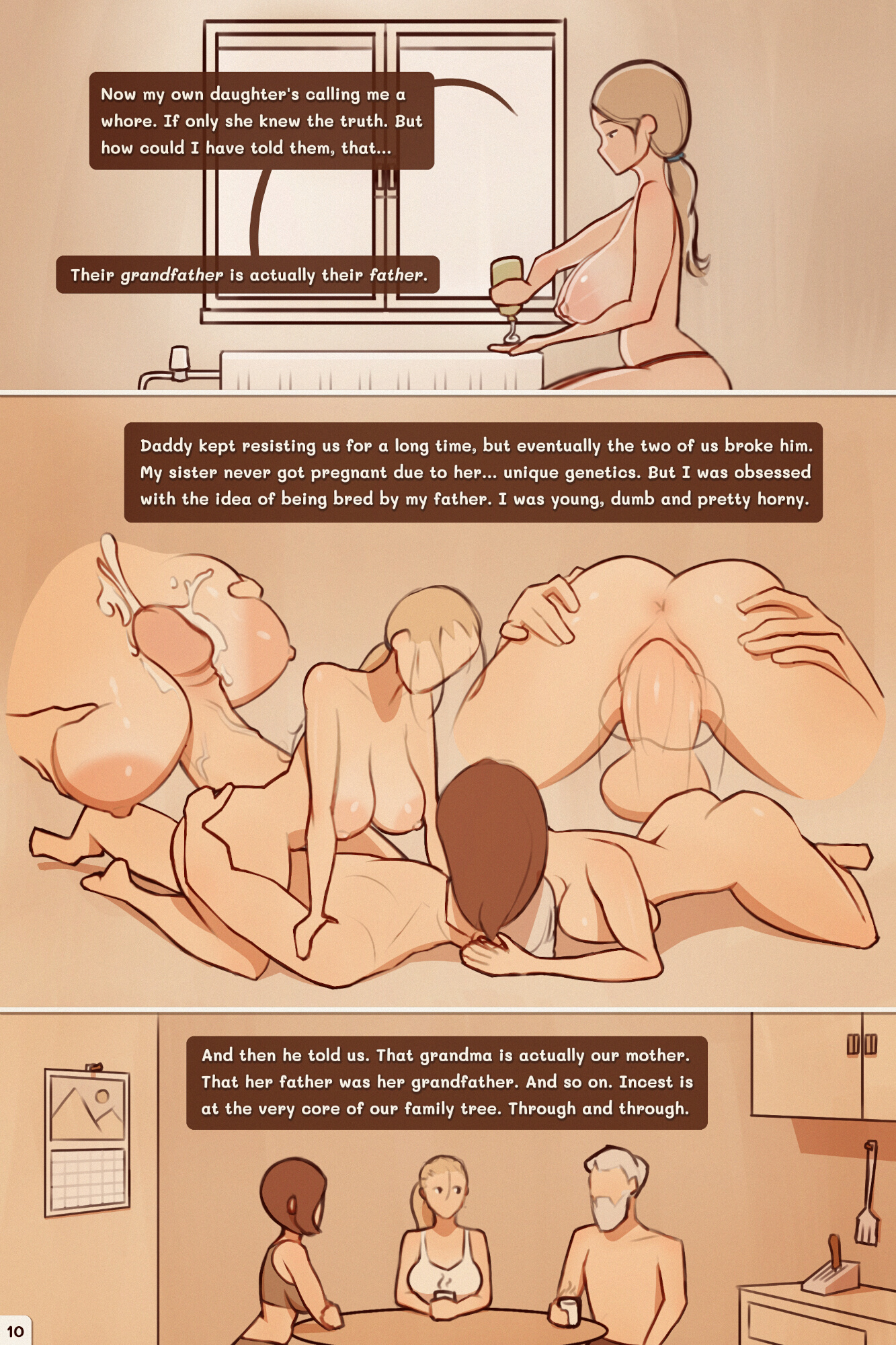 1boy, 2girls, areolae, ass, asshole, breasts, comic page, cowgirl position, cum, english, english text, erection, father and daughter, father and daughters, father penetrating daughter, flashback, garriguex, group sex, incest, incest (lore), incest breeding, large areolae, large breasts, lotion, lotion bottle, lucia (garriguex), nipples, nude, oyakodon, paizuri, partially clothed, penetration, penis, ponytail, pounding, sex, sisters, story, text, text box, vaginal penetration, zuzana (garriguex)