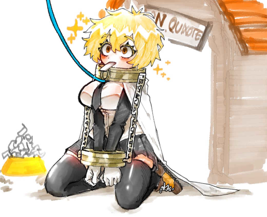 1girls, big breasts, blonde female, blonde hair, bottom heavy, breasts, bubble butt, covered mouth, dog collar, doghouse, don quixote (limbus company), female focus, female only, full body, huge ass, index don quixote, limbus company, messy hair, petplay, project moon, restrained, short hair, short skirt, simple background, thick thighs, thighhighs, udiedguy, wide hips, yellow eyes