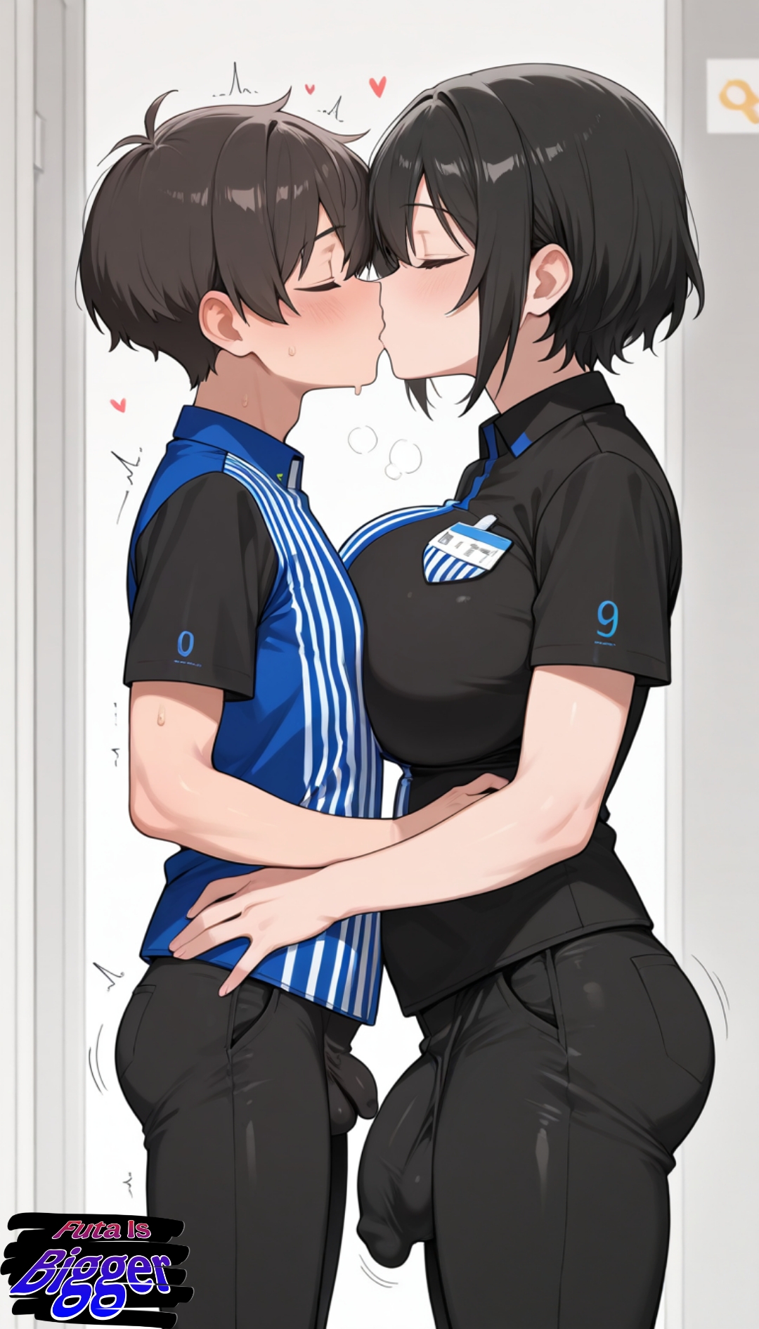 1futa, 1male, ai generated, big breasts, big penis, bulge, bulge through clothing, flaccid, futa with male, futanari, kissing, penis size difference, small penis
