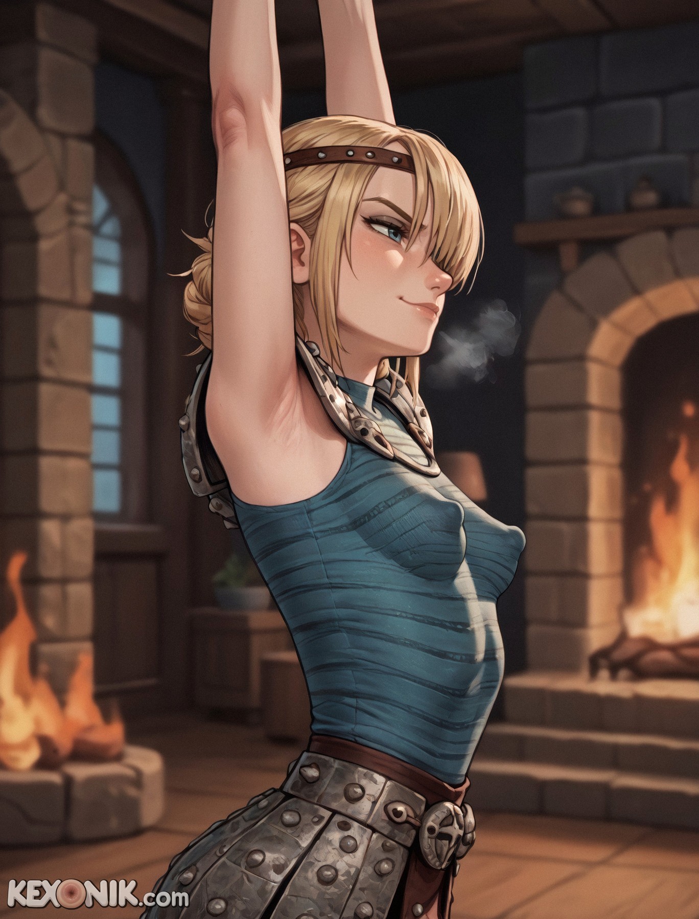 1girls, ai generated, arched back, armor, arms up, astrid hofferson, big nipples, blonde, blonde female, blonde hair, blonde hair female, blue eyes, braid, braided hair, braided ponytail, close-up, covered nipples, dreamworks, female, female only, hair over one eye, headband, heavy breathing, how to train your dragon, kexonik, light skin, light-skinned female, narrowed eyes, nipple, nipples, nipples visible through clothing, pauldrons, perky breasts, puffy nipples, sagging breasts, shoulder armor, side view, single braid, small breasts, smirk, solo, solo female, stretch, stretching, unamused, woman