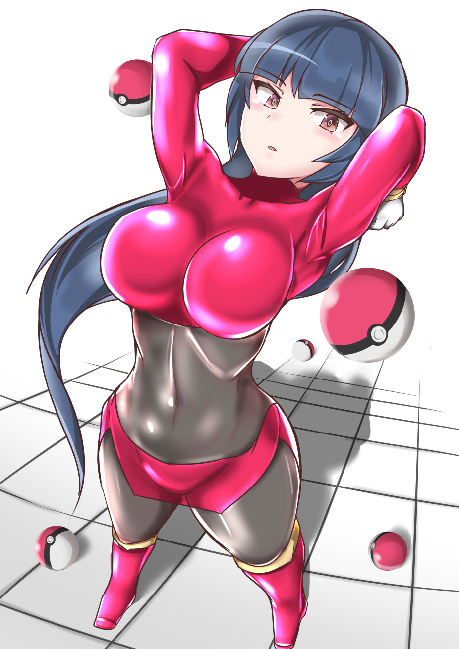 1girls, abs, big breasts, blue hair, boots, breasts, eye contact, female, fully clothed, large breasts, light skin, light-skinned female, long hair, looking at viewer, nintendo, pale skin, pale-skinned female, pink eyes, pokeball, pokemon, pokemon rgby, sabrina (pokemon frlg), sabrina (pokemon), sumida kichi, telekinesis