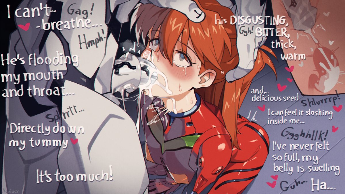 1boy, 1girls, aseiusx, asuka langley sohryu, blowjob, blue eyes, blush, bodysuit, clothed sex, clothing, cross section, cum, cum in mouth, cum in stomach, cum in throat, cum inside, deepthroat, defeated, english text, fellatio, female, hands on another's head, internal view, light skin, light-skinned female, long hair, male, mass production eva, monster, neon genesis evangelion, open mouth, oral, oral sex, orange hair, penetration, penis, plugsuit, rape, stomach, straight, tears, text, unseen male face