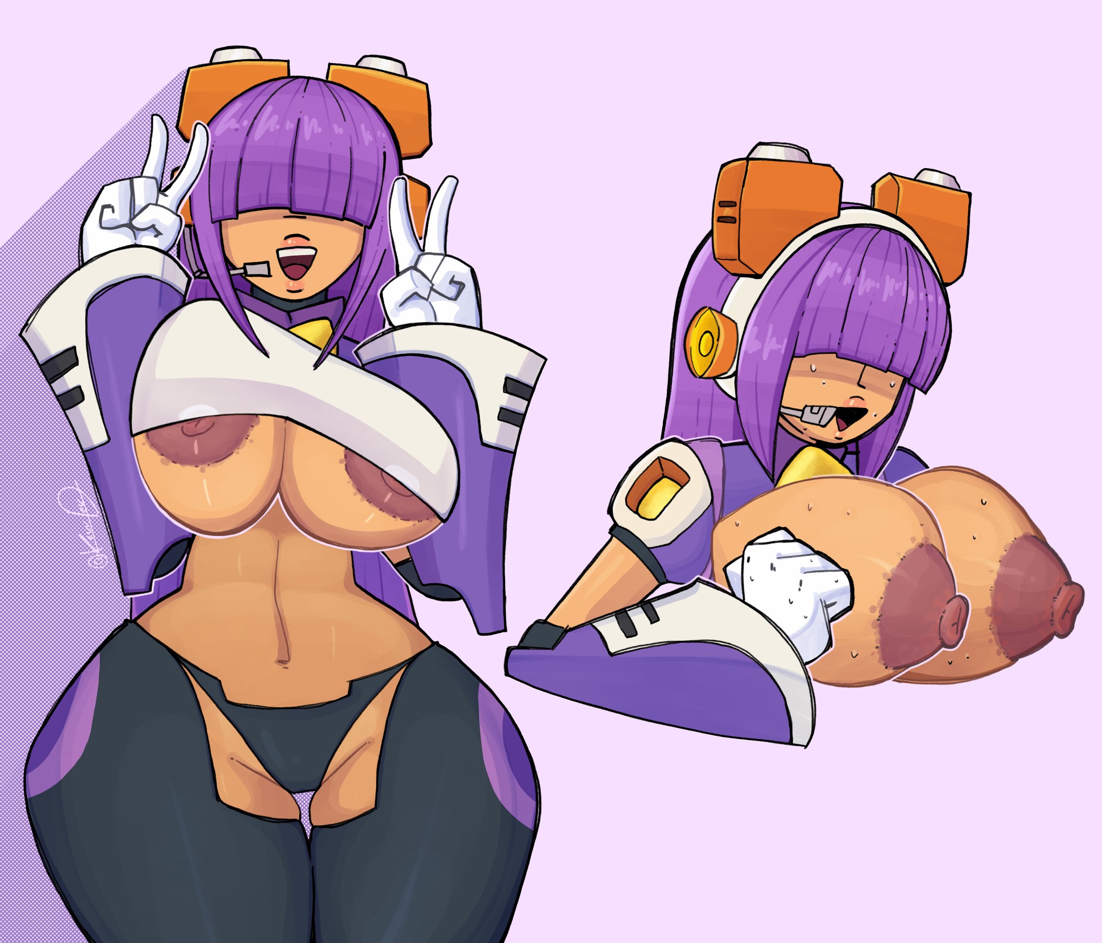 1girls, areolae, bangs over eyes, blinding bangs, breast squeeze, capcom, chand0ws, cleavage, dark skin, dark-skinned female, dekkevv, female, female focus, female only, gloves, hair covering eyes, hair over eyes, headphones, layer, mega man, mega man x, microphone, nipples, panties, purple hair, robot, robot girl, robot humanoid, sweat, sweatdrop, sweaty, sweaty breasts, underboob, underwear, victory pose