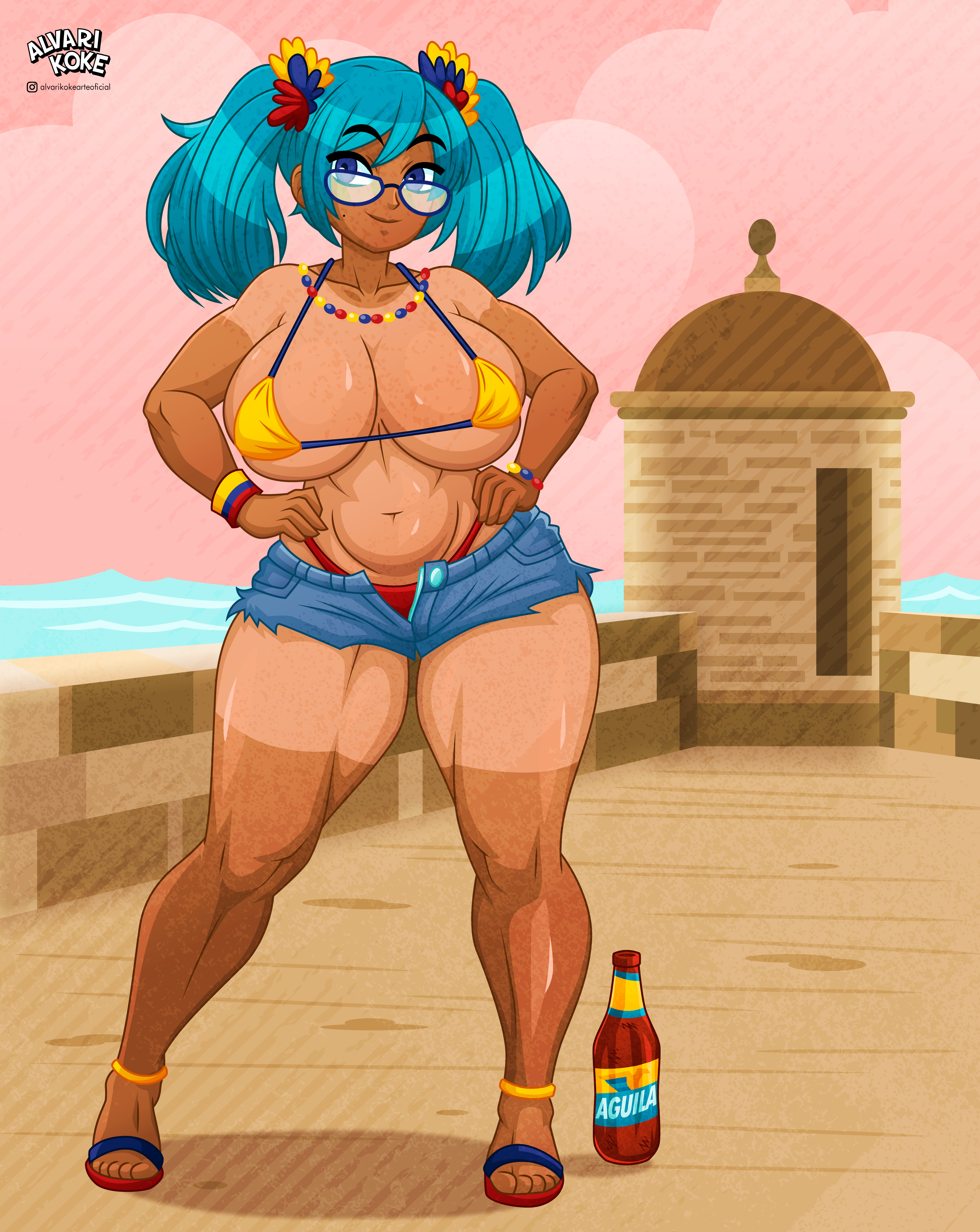 1girl, 2024, abs, alvarikokearte, anklet, aqua hair, beach, bikini, bikini top, blue eyes, blue hair, blue-framed eyewear, bottle, bracelet, breasts, coca-cola, colombian miku, curvy, dark skin, dark-skinned female, denim, denim shorts, female, flip-flops, full body, glasses, hair ornament, hands on hips, hatsune miku, huge breasts, jean shorts, jewelry, jpeg, large breasts, latin american hatsune miku (meme), long hair, looking at viewer, navel, necklace, plump, sandals, short shorts, shorts, smile, solo, solo female, standing, swimsuit, tan, tan-skinned female, tanlines, thick thighs, thighs, twintails, vocaloid, yellow bikini