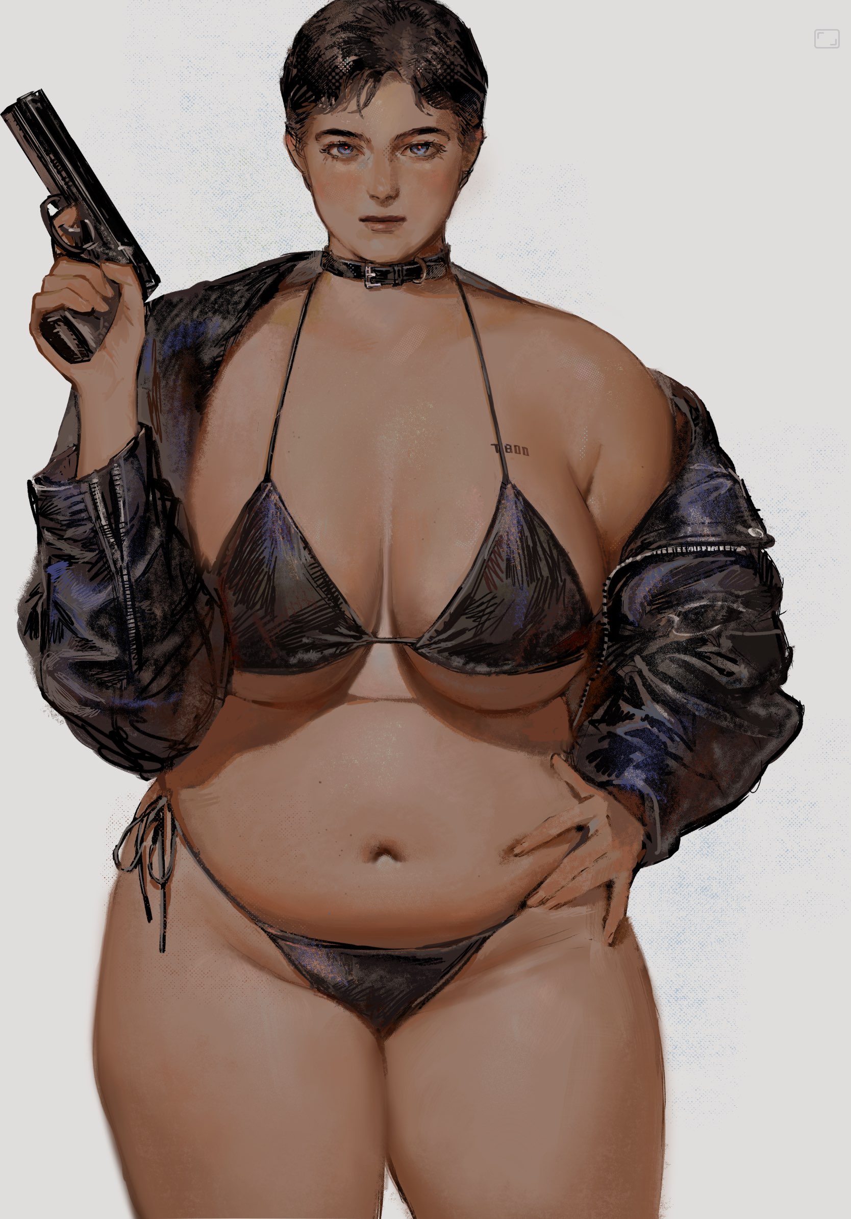 1girls, absurd res, auroraradiation, belly, belly button, big breasts, biker, biker clothes, biker girl, bikini, bikini bottom, bikini top, black hair, blue eyes, bra, choker, cleavage, collar, curvaceous, curvy, curvy female, curvy figure, exposed navel, female, female focus, female only, gun, hi res, high quality, high resolution, highres, large breasts, leather, leather choker, leather clothing, leather collar, leather jacket, navel, oc, original, original character, pistol, semi-automatic pistol, side-tie bikini, side-tie bikini bottom, side-tie panties, solo, solo female, solo focus, t-800, tagme, terminator, terminator (franchise), thong, tia (auroraradiation), voluptuous, voluptuous female, weapon