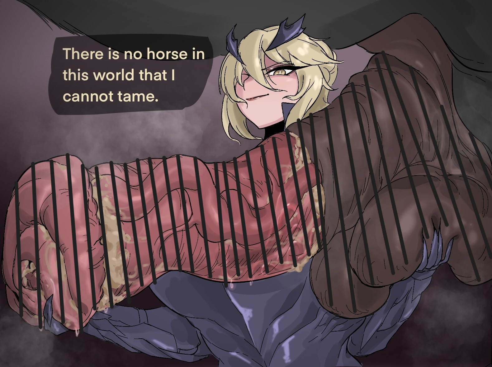 1girls, animal penis, armor, artoria pendragon, artoria pendragon (lancer alter), bar censor, beastiality, big breasts, censored, fate (series), fate/grand order, horse, horsecock, huge cock, imminent sex, krovv, looking at penis, seductive smile, smegma, steamy, text, text bubble, veiny penis, zoophilia