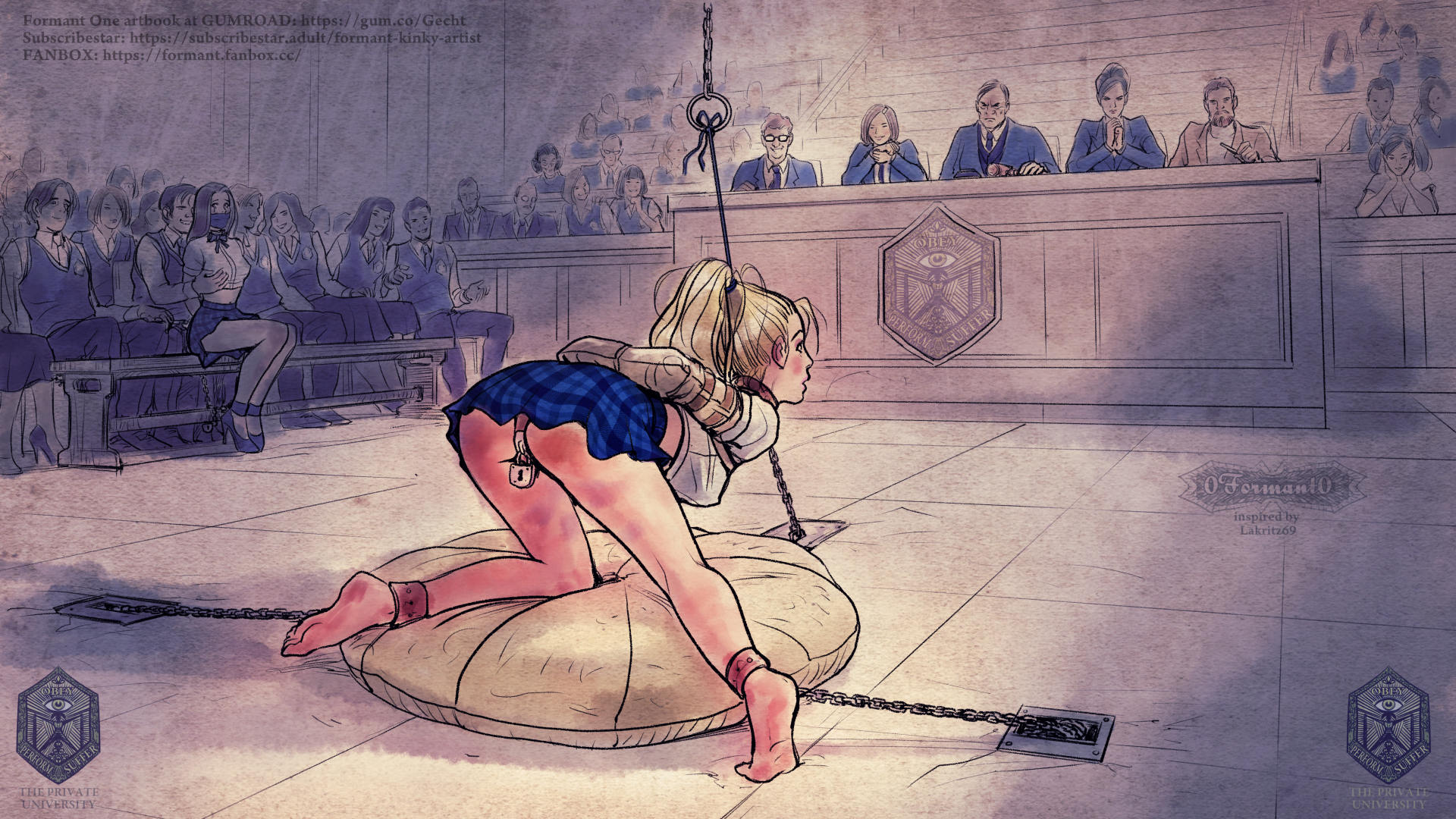 0formant0, 2d, 6+boys, 6+girls, armbinder, arms behind back, ass, barefoot, blonde hair, bondage, bound, bound arms, boxbinder, chains, chastity, chastity belt, chastity device, collar, crowd, female, female chastity, femsub, male, maledom, miniskirt, ponytail, school uniform, schoolgirl, skirt, solo focus, stationary restraints, upskirt