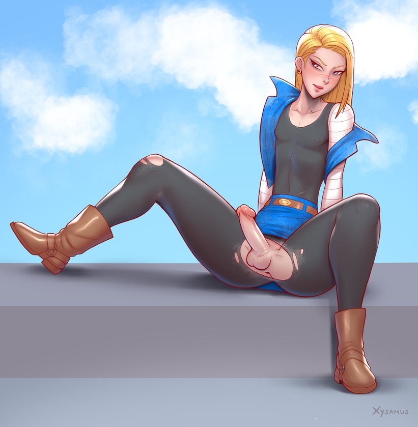 1boy android_18 big_penis boots dragon_ball dragon_ball_z erection femboy genderswap_(ftm) girly male male_18 male_only rule_63 solo torn_legwear trap xysamus