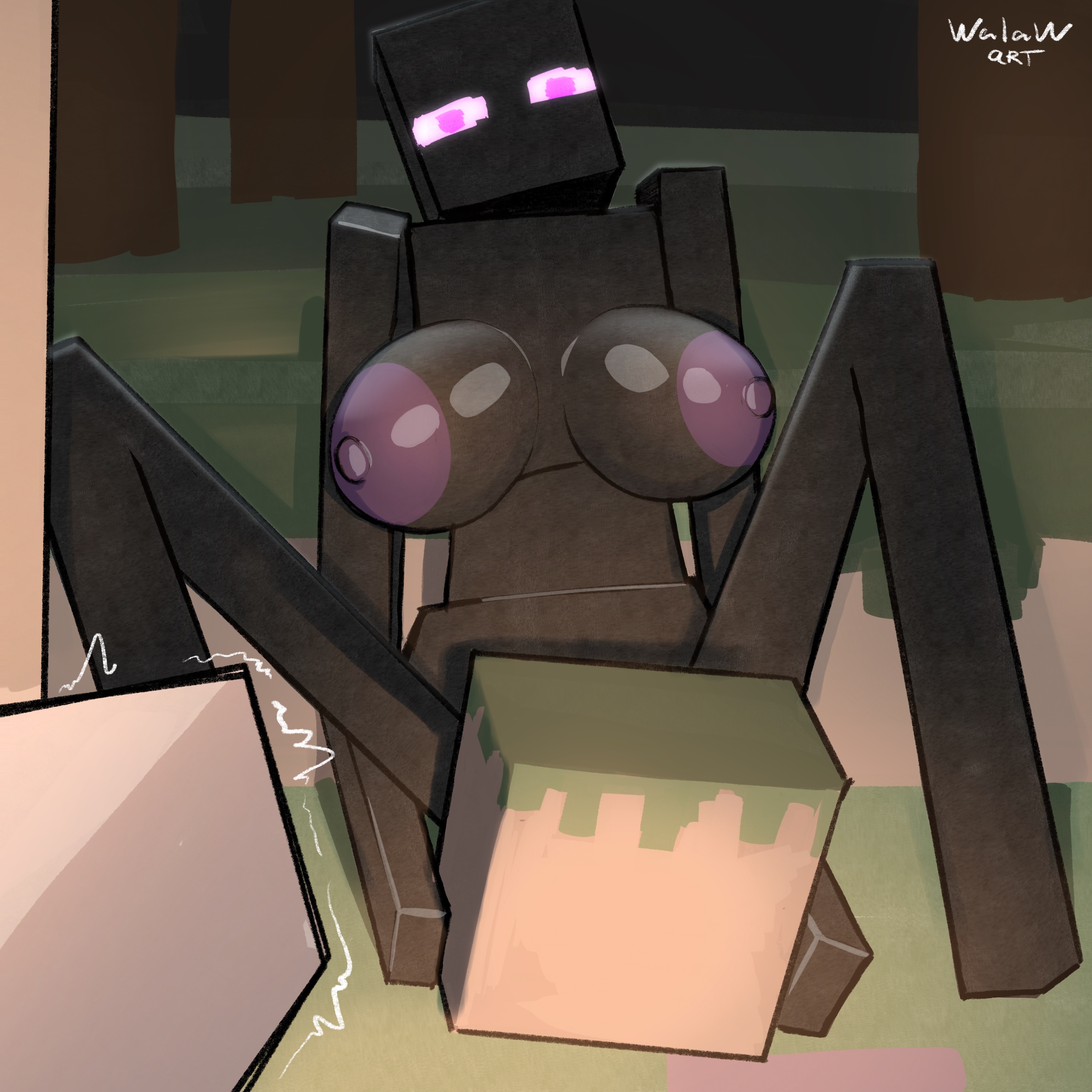 1girls, areola, areolae, big breasts, black body, breasts, breasts apart, caught in the act, caught masturbating, enderman, enderwoman, female focus, huge boobs, huge breasts, large areolae, looking at viewer, masturbating, masturbation, microsoft, minecraft, mojang, monster, monster girl, nipples, open eyes, purple areola, purple areolae, purple eyes, purple nipples, sitting, sitting on floor, square body, steve (minecraft), tremble lines, trembling, walaw, xbox game studios