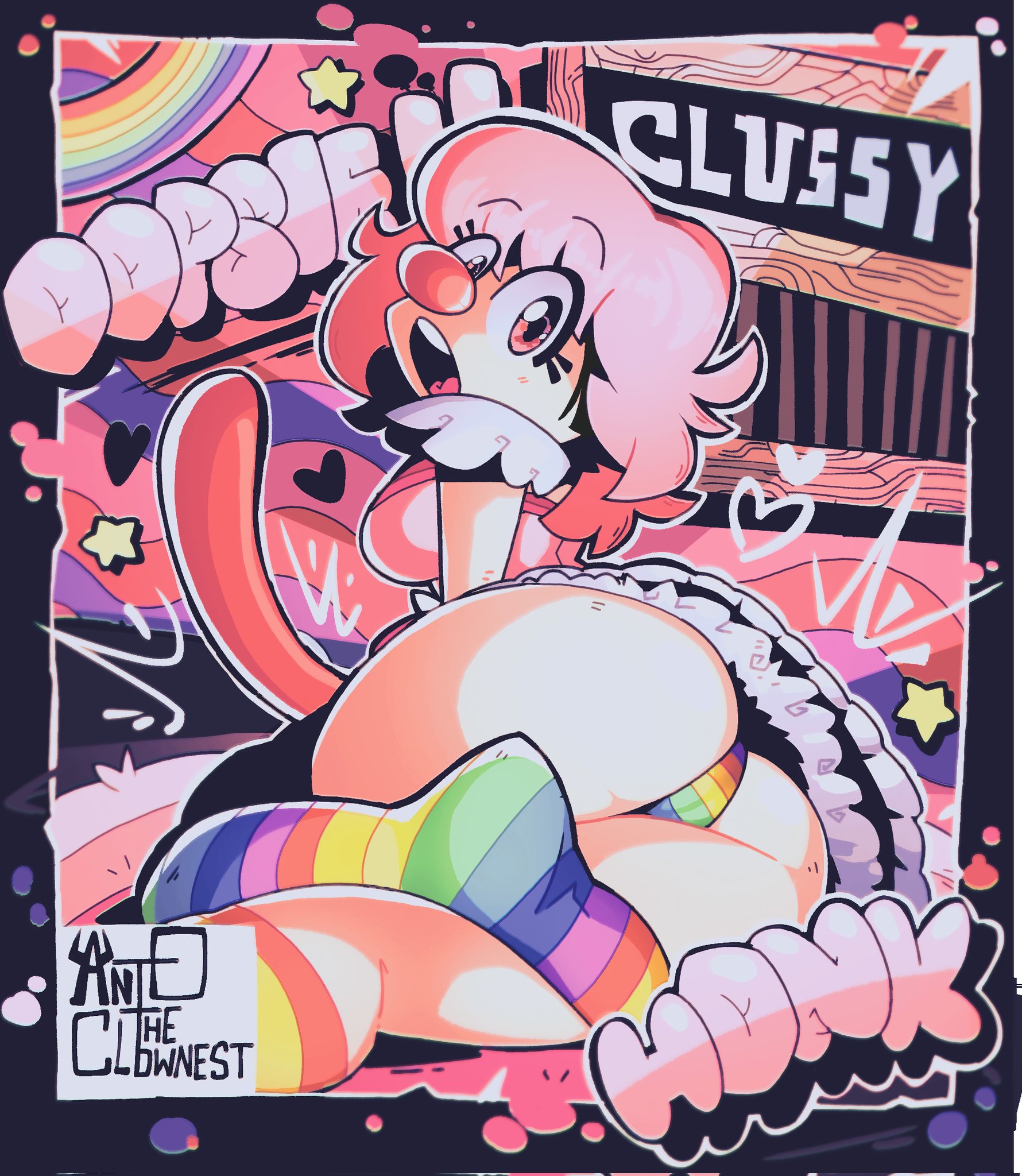 anto the clownest, antotheclownest, ass focus, balloon, big ass, clown, clown girl, clown makeup, clown nose, clussy, geiru toneido, gyakuten saiban, heart, looking at viewer, panties, rainbow