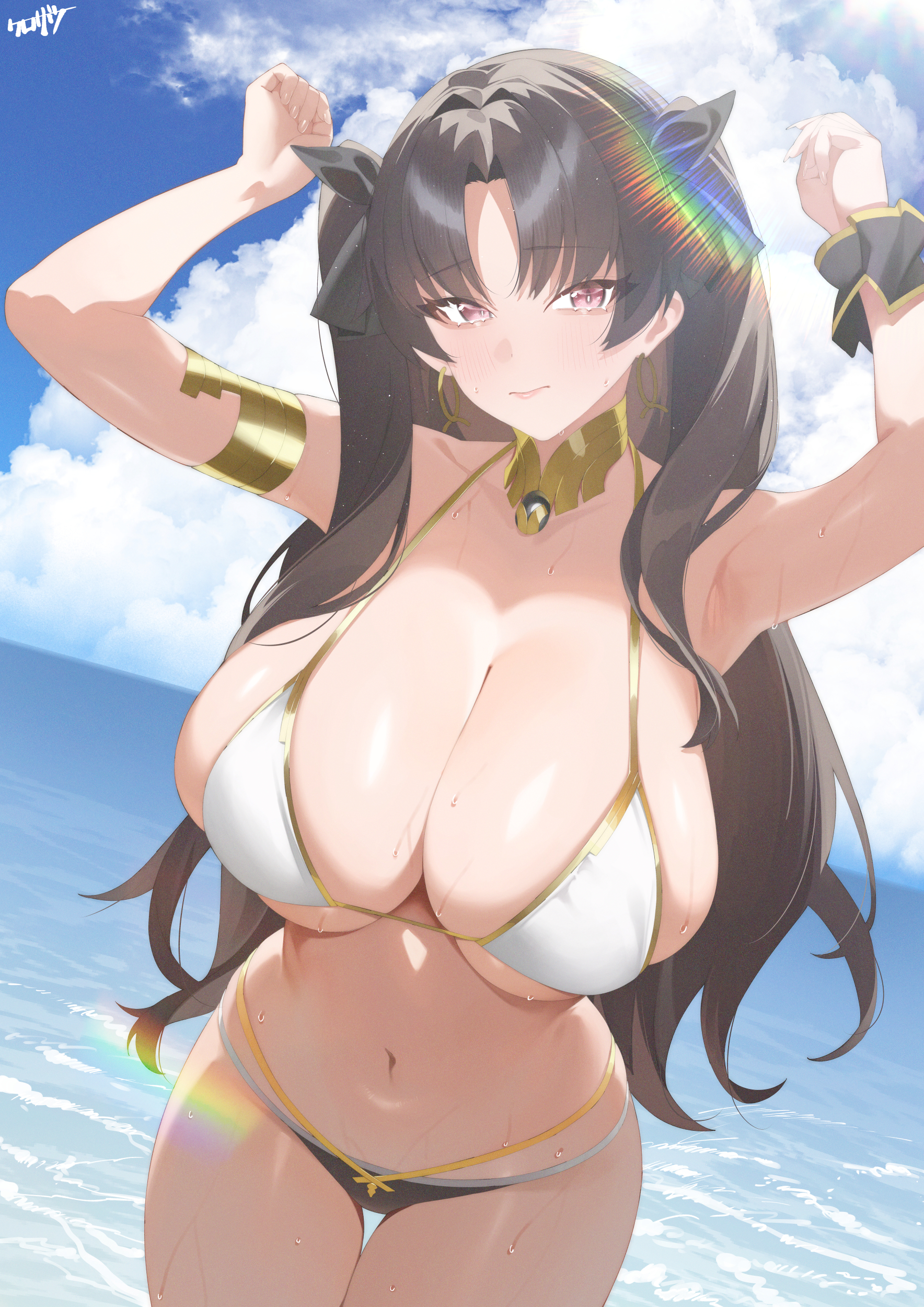 armlet, bikini, black hair, cleavage, day, fate (series), fate/grand order, female only, goddess, huge breasts, ishtar (fate), kurozawa yui, long hair, looking at viewer, navel, ocean, pink eyes, solo, underboob, water