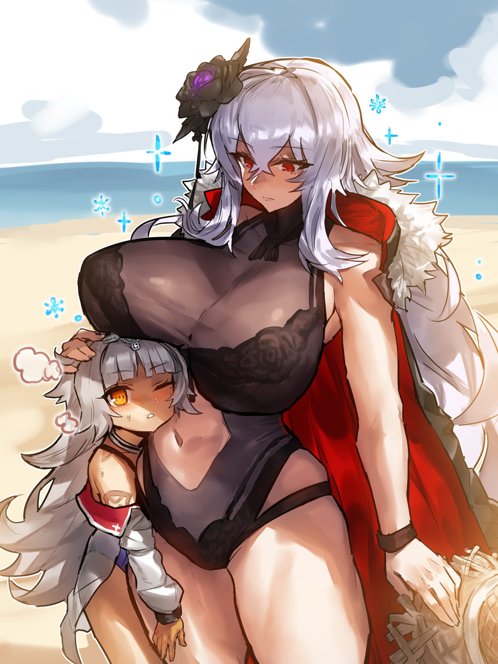 2girls azur_lane beach big_breasts breasts curvaceous curvy duo duo_focus female_only graf_zeppelin_(azur_lane) hair_ornament hat height_difference huge_breasts melon22 multiple_girls muscular muscular_thighs one-piece_swimsuit one_eye_closed red_eyes silver_hair swimsuit thick_thighs thighs z46_(azur_lane)