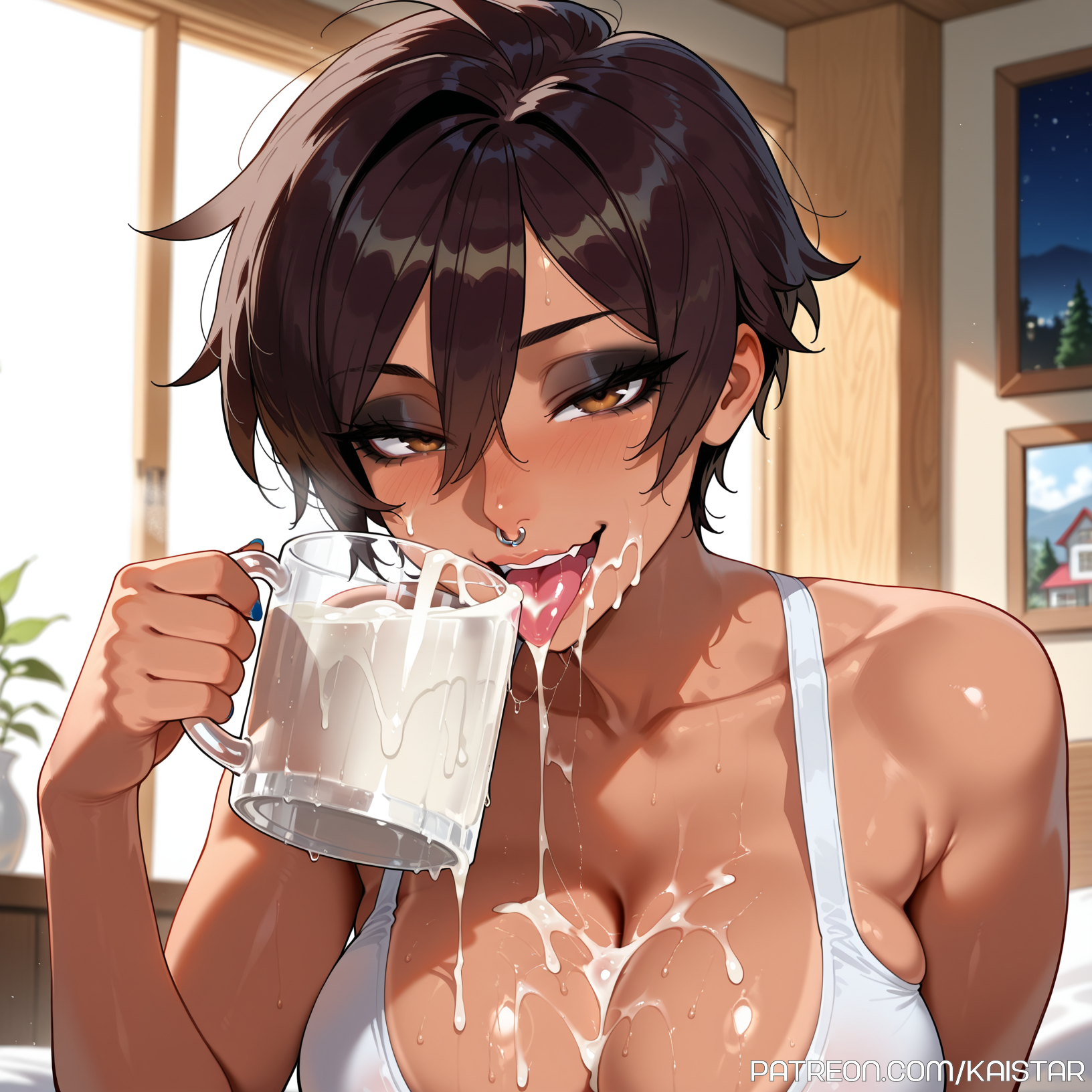 1girls, ai generated, big breasts, breasts, brown eyes, brown hair, cum, cum drinking, cum in container, cum in glass, cum in mouth, cum on face, dispatch (game), drinking cum, female, female focus, female only, high resolution, highres, huge boobs, huge breasts, invisigal, kaistar, large boobs, large breasts, looking at viewer, mature, mature female, milf, mommy, open mouth, patreon, smile, smiling, solo, solo female, solo focus, tongue, tongue out, wavy mouth