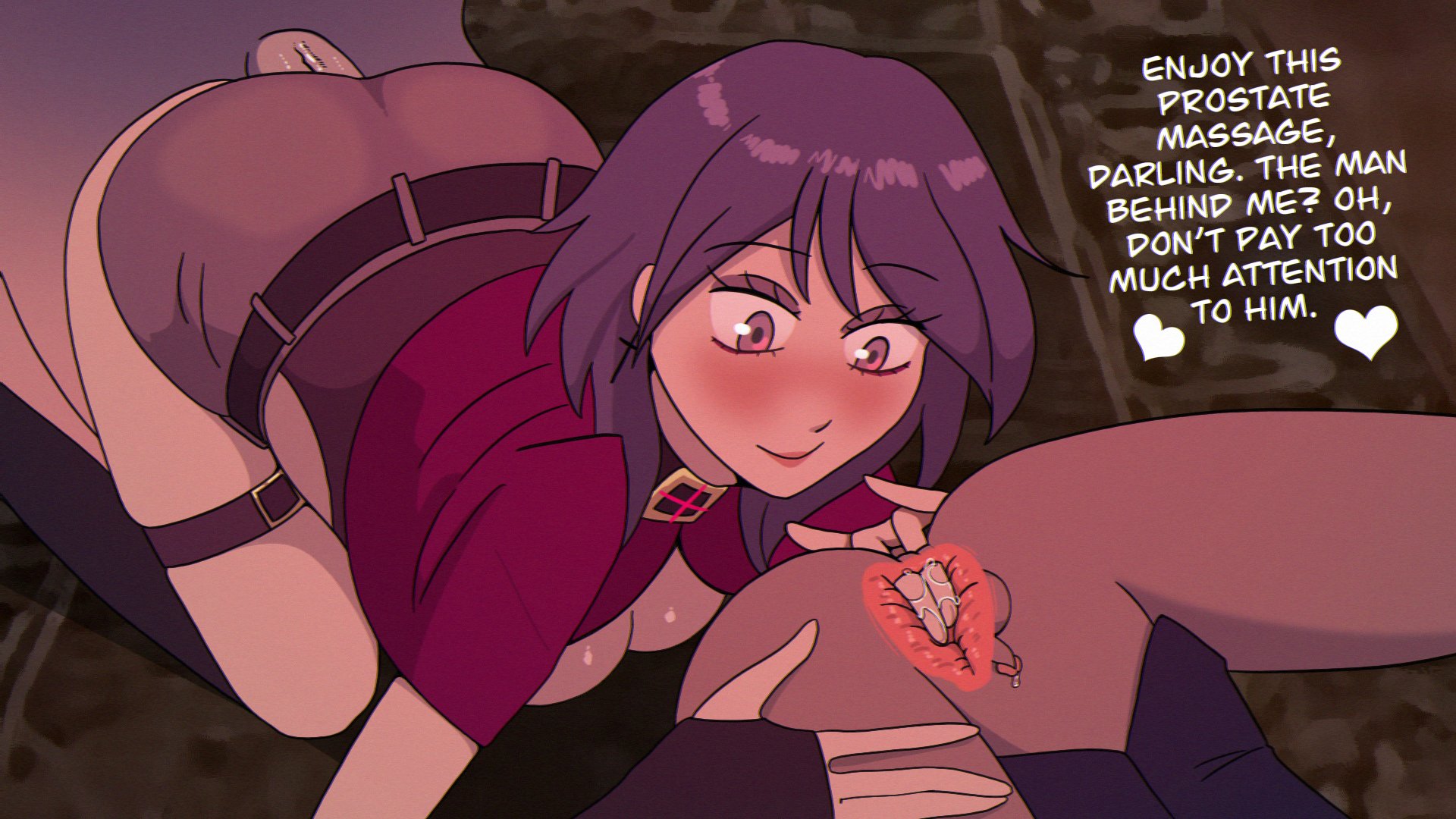 1girls, 2boys, all fours, artificial blood, blush, brown hair, cuckold, dark-skinned male, dialogue, doggy style, eadric (artificial blood), english text, female, female focus, fingering, fingering ass, hasselnut, heart, hi res, large breasts, lucille (artificial blood), male, micropenis, original, penis, penis size difference, prostate stimulation, sex, small penis, smile, text, wolfgang bang, x-ray