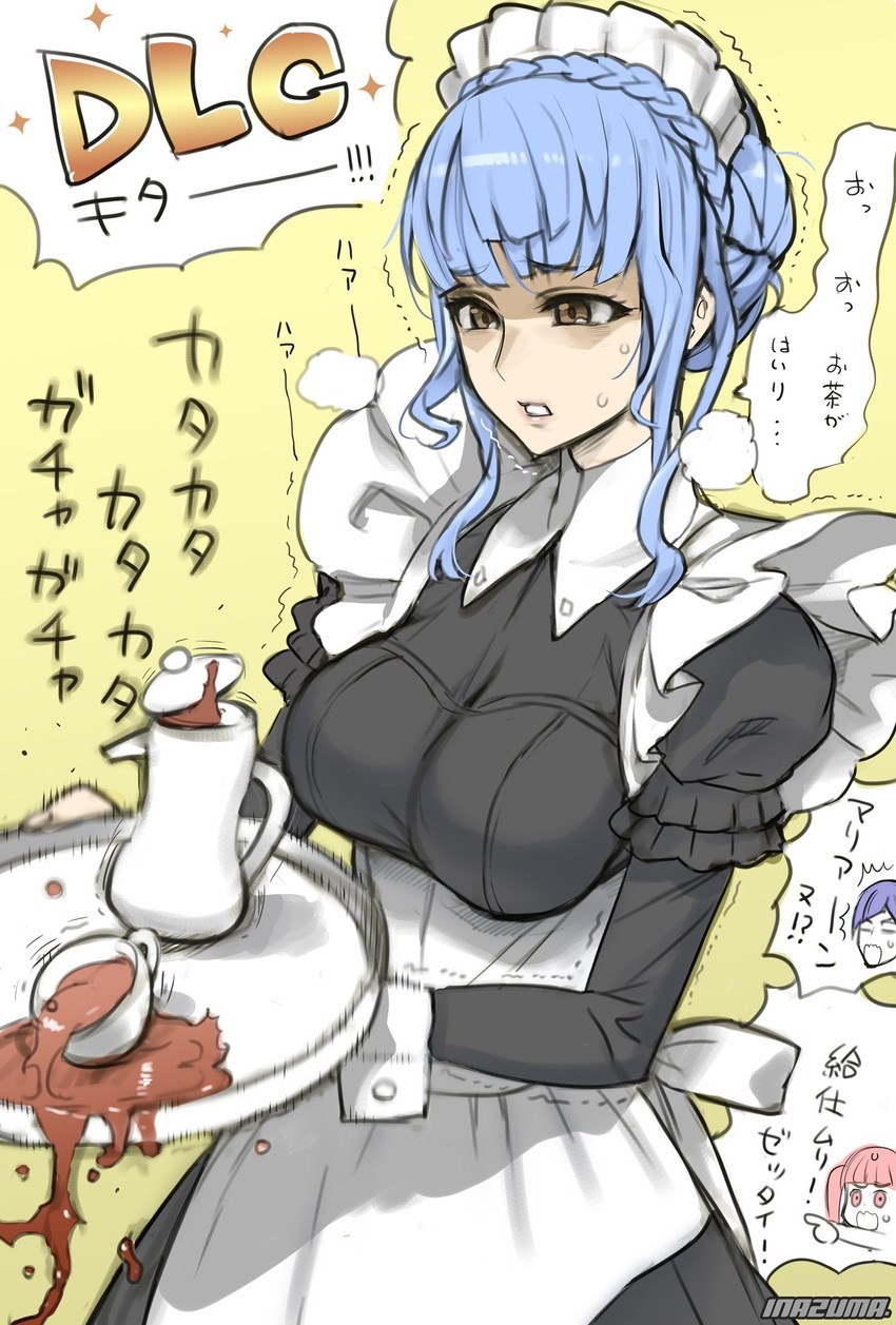 1girls a_fucking_waste_of_tea apron blue_hair braid braided_hair breasts brown_eyes crown_braid cup female fire_emblem fire_emblem:_three_houses heavy_breathing highres hilda_valentine_goneril inazuma japanese_text large_breasts light_blue_hair lorenz_hellman_gloucester maid maid_apron maid_headdress maid_outfit marianne_von_edmund medium_breasts nintendo satou_shouji shaded_face solo spilling sweatdrop tea teacup teapot translation_request tray trembling yellow_background