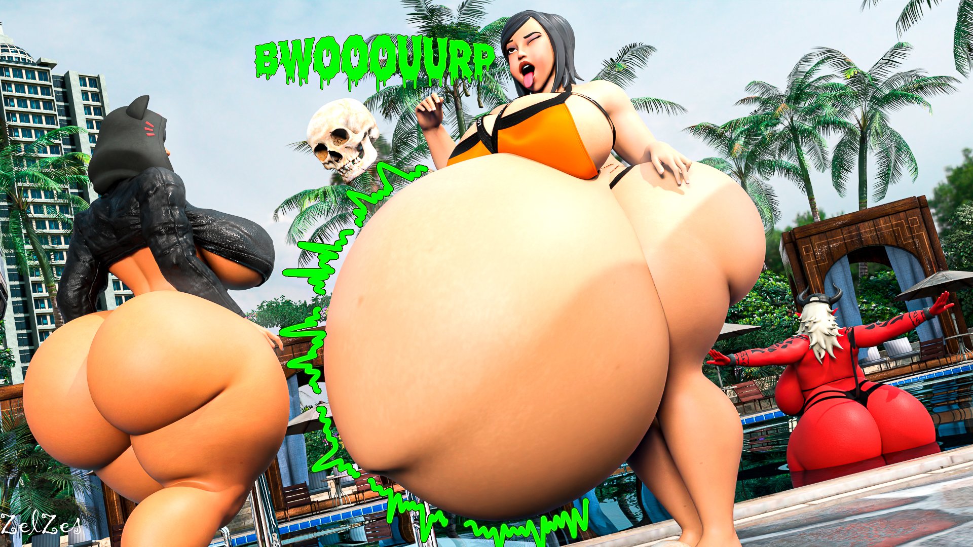 3d, 3girls, agata (fortnite), big ass, big breasts, burping, desdemona (fortnite), digested prey, digestion, digestion noises, fat ass, fatal vore, female pred, female prey, fortnite, fortnite: battle royale, fortnite: save the world, hyper, hyper belly, hyper breasts, hyper butt, hyper thighs, machinist mina, post-vore, post-vore weight gain, skull, vore, zelzes