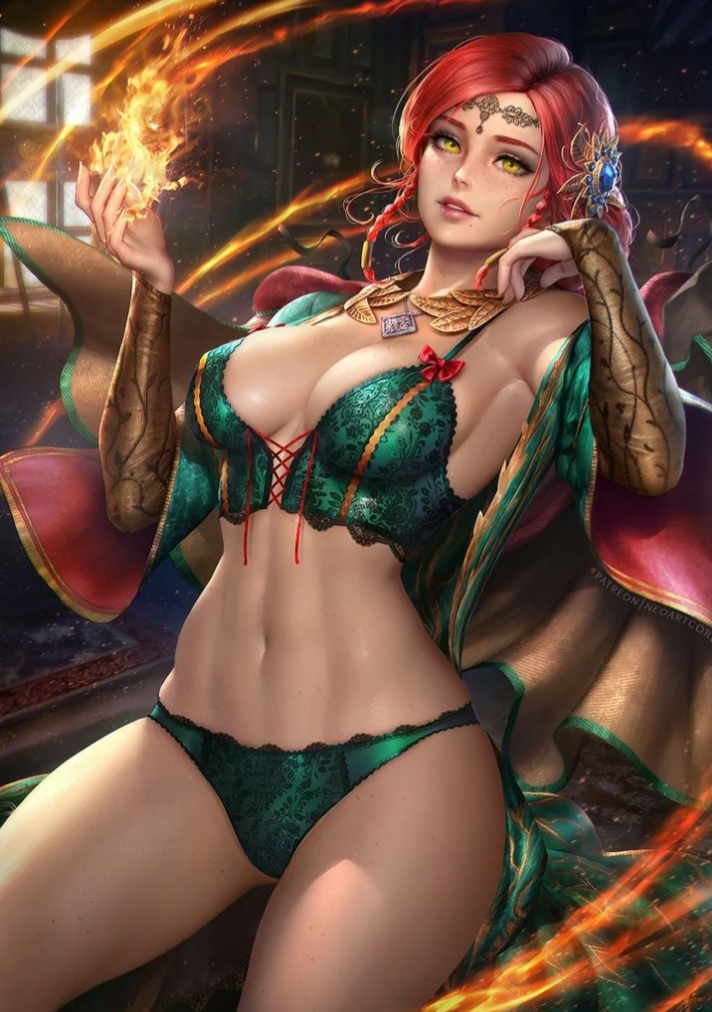 1girls, alternate costume, cd projekt red, clothed, clothed female, female, female only, fully clothed, green underwear, long hair, neoartcore, red hair, solo, the witcher, the witcher (series), the witcher 3: wild hunt, triss merigold, yellow eyes