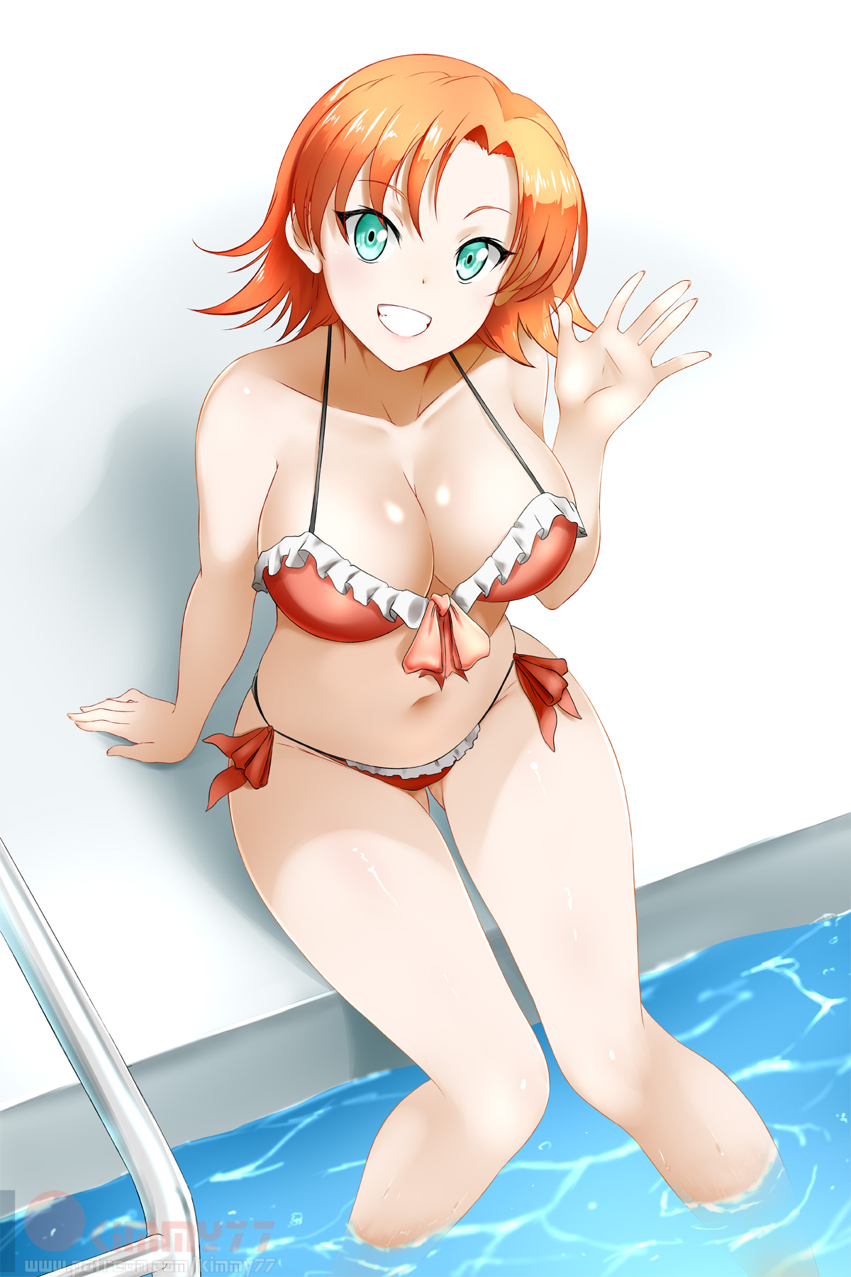 1girls, big breasts, breasts, female, female only, kimmy77, large breasts, looking at viewer, nora valkyrie, poolside, rwby, solo, swimsuit
