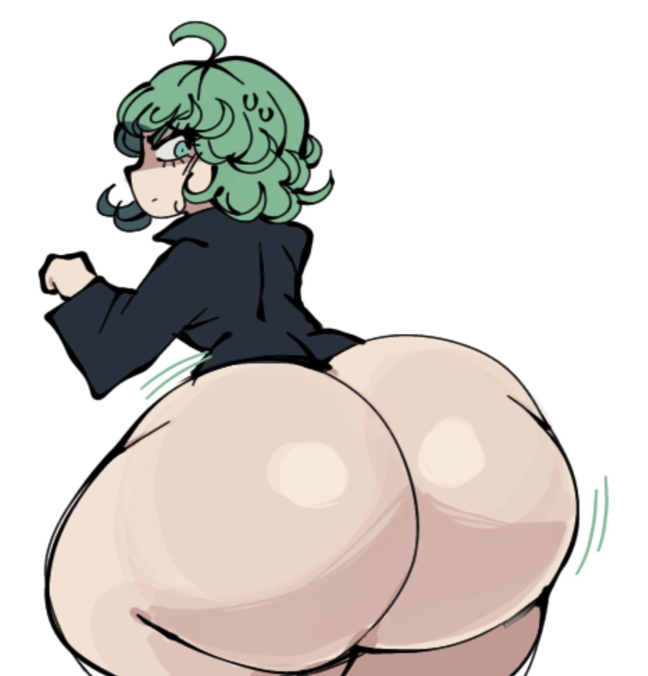 1girls, ass, ass bigger than head, ass bigger than torso, ass body, ass focus, big ass, black clothing, black dress, bottom heavy, bubble butt, clothing, dress, dumptruck ass, fat ass, female, female focus, female only, gluteal fold, green eyes, green hair, huge ass, large ass, light skin, light-skinned female, looking at viewer, looking back, massive ass, mstreetsamurai, one-punch man, shortstack, simple background, solo, solo female, solo focus, tatsumaki, thick ass, thick thighs, thunder thighs, white background, wide hips