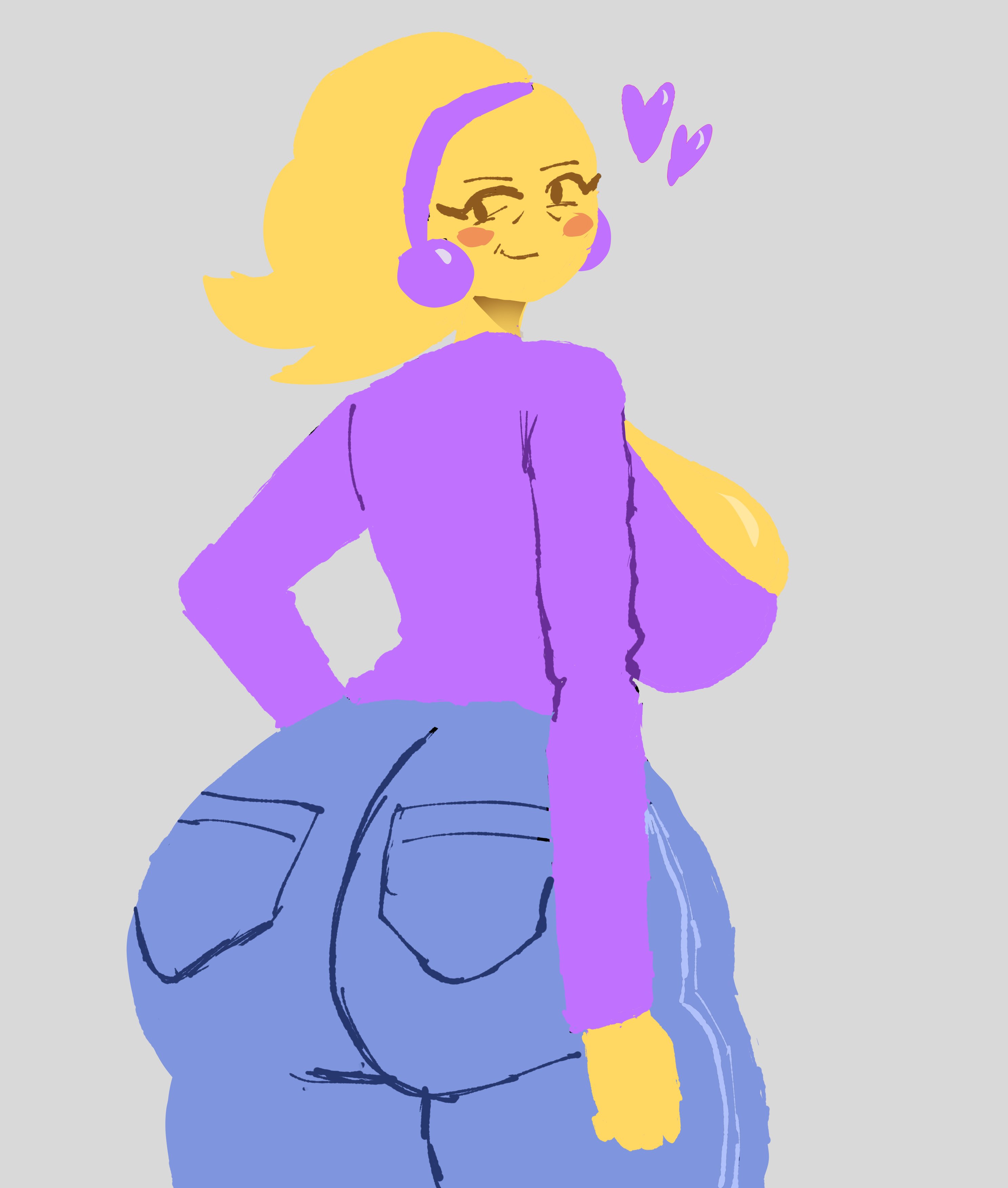 1girls, ass, back, back view, big ass, big breasts, big butt, blush, bottom heavy, breasts, bubble ass, bubble butt, busty, cleavage, clothed, earrings, emoji, emoji (race), emojifam (sssir8), enormous ass, female, female focus, female only, grey background, heart, henfent, huge ass, huge breasts, jeans, large ass, large breasts, large butt, looking at viewer, looking back, milf, mob face, mom jeans, moonraige, moonstadew, ms. bethany, pear shaped, ponytail, purple heart, purple hearts, simple background, smile, solo, solo focus, standing, suggestive, suggestive look, thick thighs, tied hair, voluptuous, yellow body, yellow skin