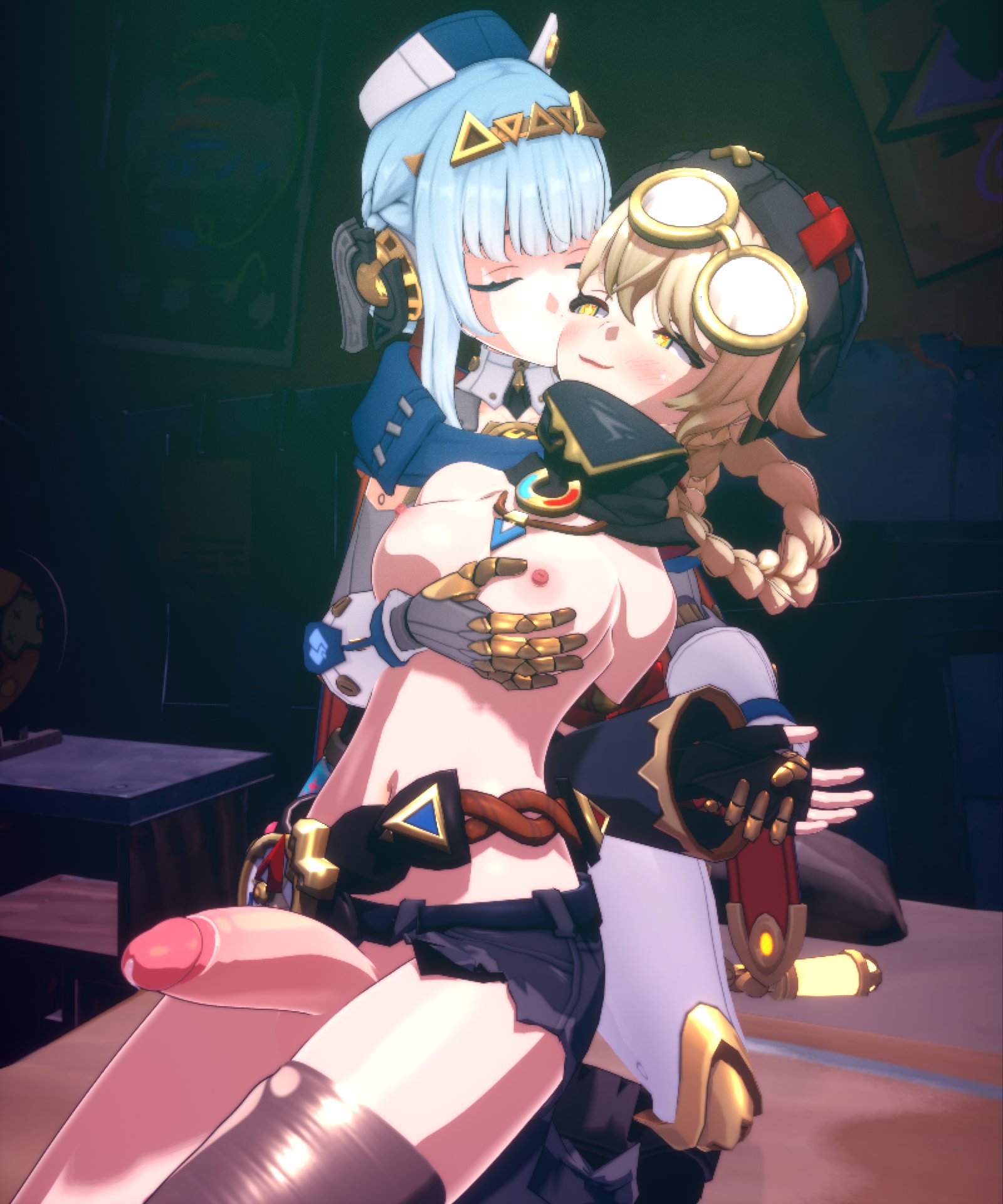 1futa, 1futa1girl, 2girls, 3d, blender (software), blush, breasts, cute, futanari, genshin impact, glasses, grabbing, grabbing breasts, grabbing from behind, grabbing hand, handholding, headwear, holding hands, hoyoverse, ineffa (genshin impact), jahoda (genshin impact), kissing, kissing cheek, large penis, leaking, leaking cum, leaking precum, mihoyo, nipples, passengerlamp, penis, precum, prosthetic, prosthetic arm, robot girl, sitting on bed, small breasts, yuri