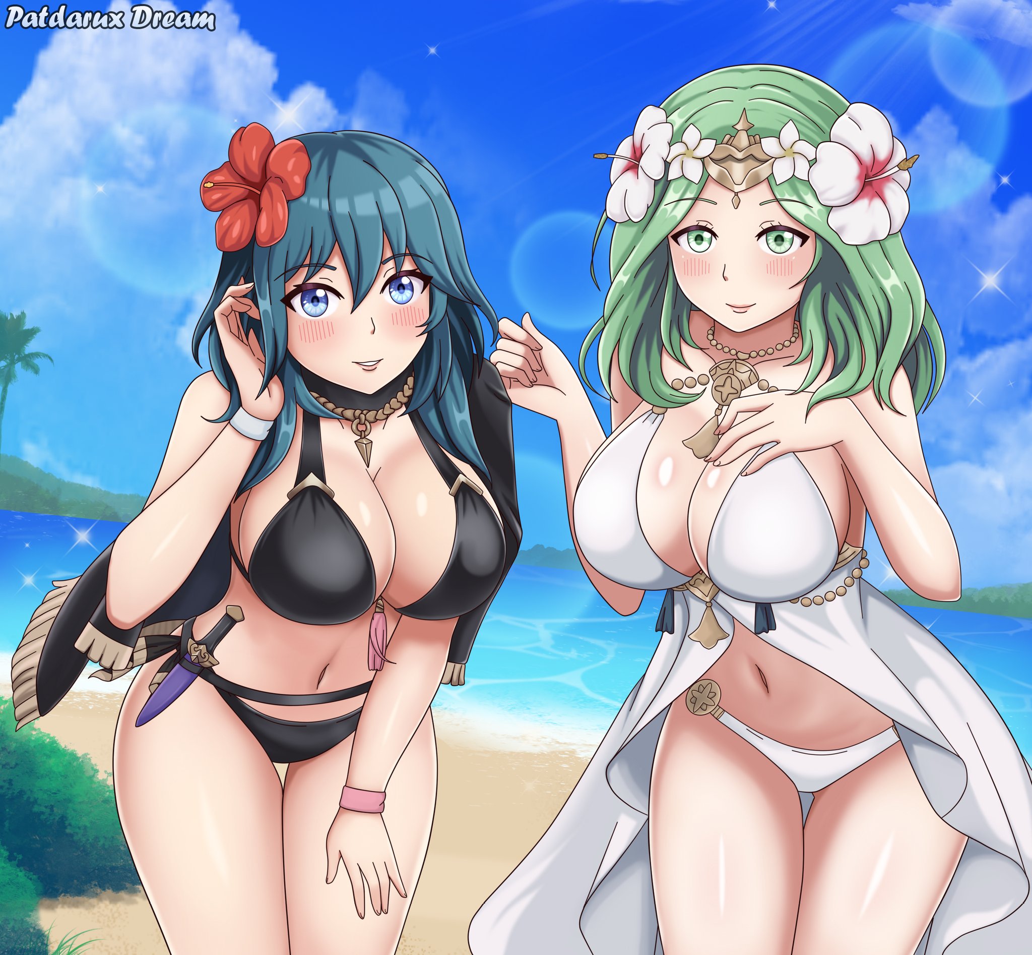 2girls, big breasts, bikini, black bikini, black swimsuit, blue eyes, blue hair, breasts, byleth (fire emblem), byleth (fire emblem) (female), byleth (summer) (fire emblem) (female), female, female focus, female only, fire emblem, fire emblem heroes, fire emblem: three houses, flower, flower in hair, fully clothed, green eyes, green hair, huge breasts, large breasts, leaning forward, long hair, looking at viewer, mature female, multiple females, multiple girls, nintendo, patdarux, patdarux dream, rhea (fire emblem), rhea (summer) (fire emblem), smile, swimsuit, thick thighs, thighs, white bikini, white swimsuit