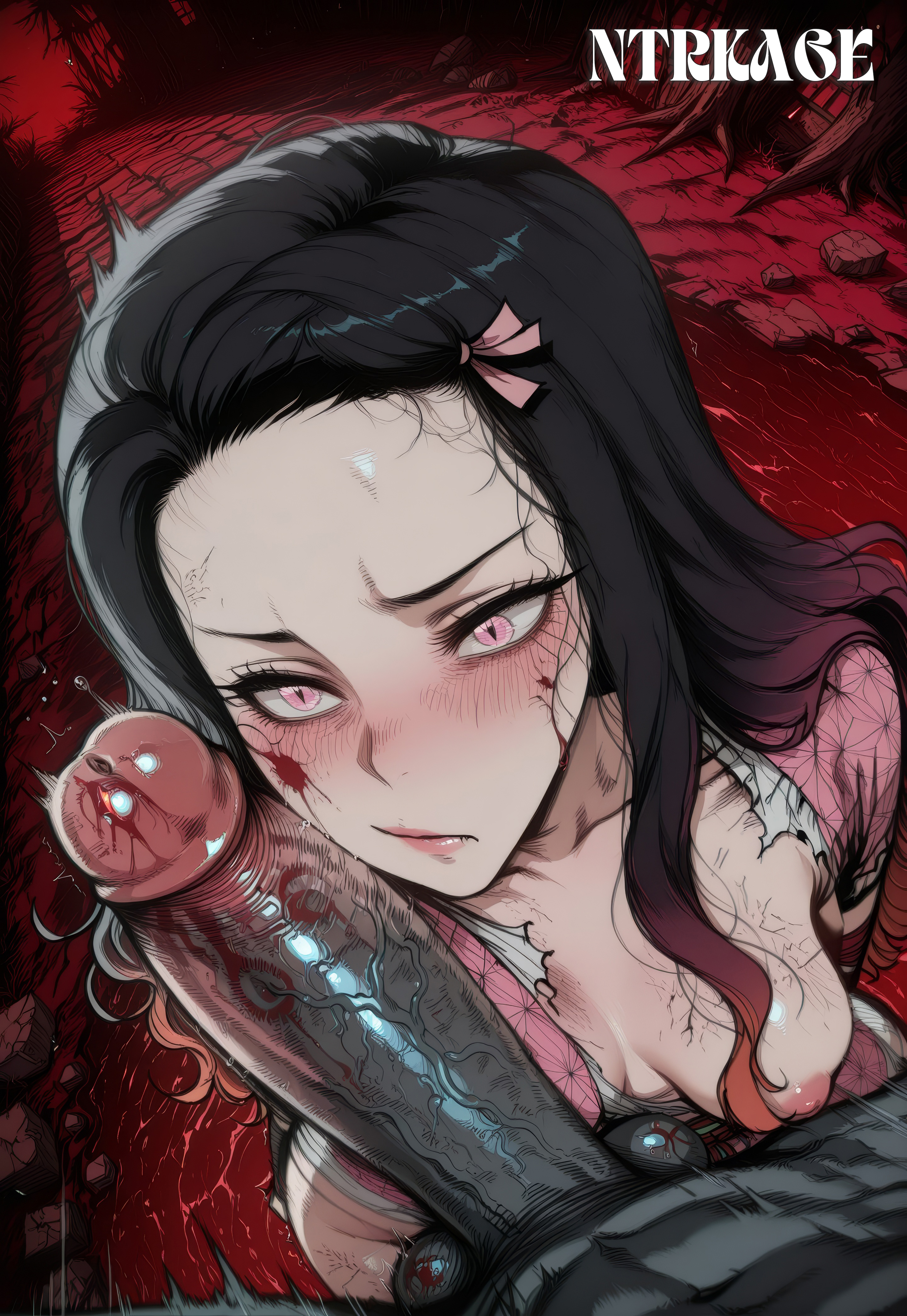 1boy, 1girls, after battle, aftermath, ai generated, blood on face, blood stain, bruise, demon boy, demon slayer, english text, exposed breasts, gore, hi res, highres, huge cock, kamado nezuko, kimetsu no yaiba, looking at penis, monster, monster cock, netorare, nezuko kamado, ntrkage, penis, penis against cheek, penis against face, penis awe, penis on face, slapping penis, slim waist, small breasts
