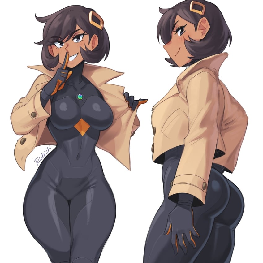 1girls, 2026, 2d, 2d (artwork), 5 fingers, artist name, bodysuit, dark skin, dark-skinned female, emma (pokemon), female, female only, grey eyes, hourglass figure, huge ass, huge breasts, human, human only, jpeg, looking at viewer, matiere (pokemon legends: z-a), matiere (pokemon), open eyes, overcoat, pokemon, pokemon legends: z-a, realistic proportions, rob ishi, sfw, short hair, shushing, simple background, solo, solo female, thick thighs, white background