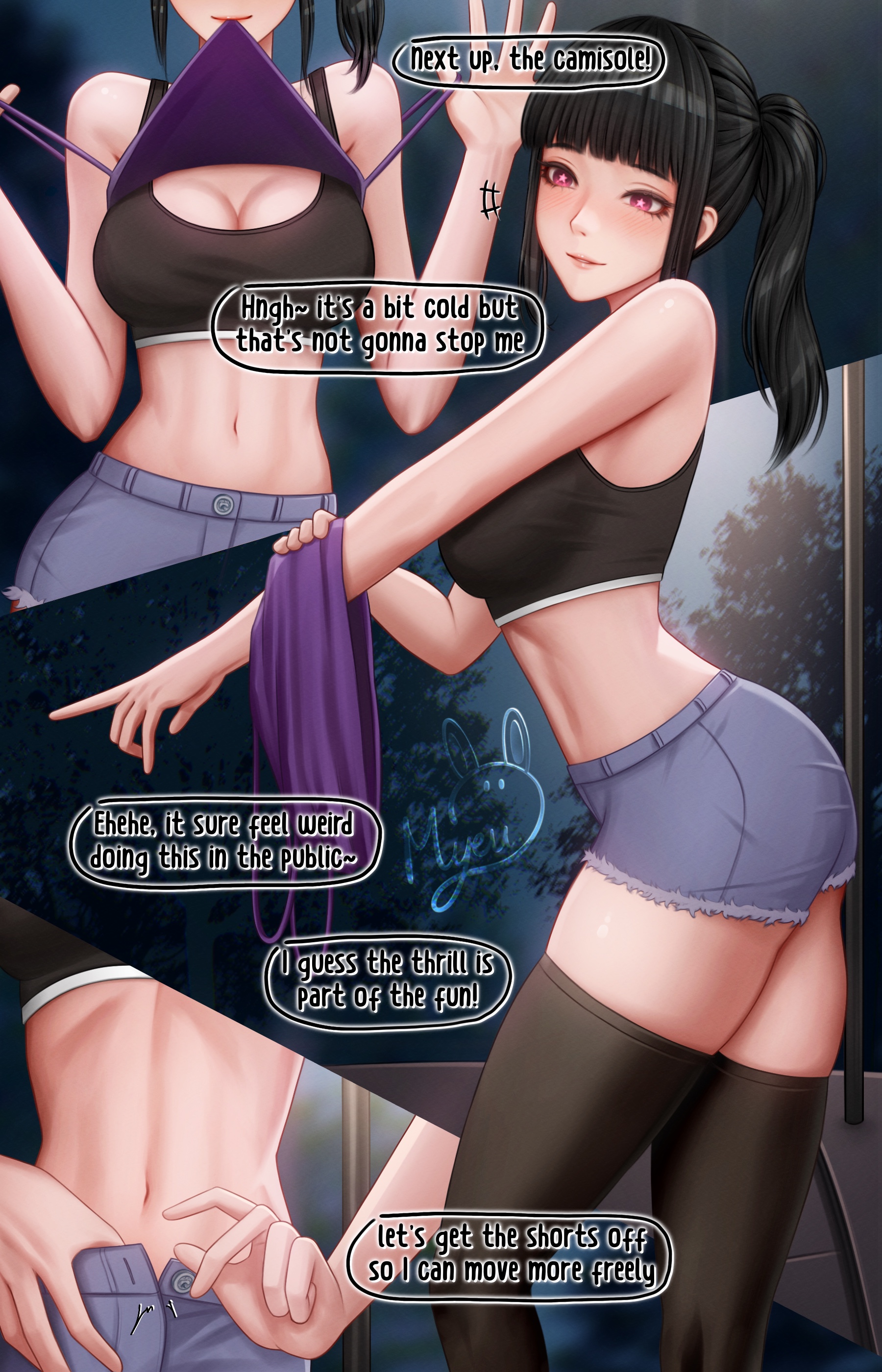 1girls, big breasts, black hair, front view, long hair, looking at viewer, luna (myeu), multiple views, myeu, navel, necklace, original, outdoors, page 2, public, purple eyes, side view, standing, thick, thick thighs, thighhighs, thighs, undressing