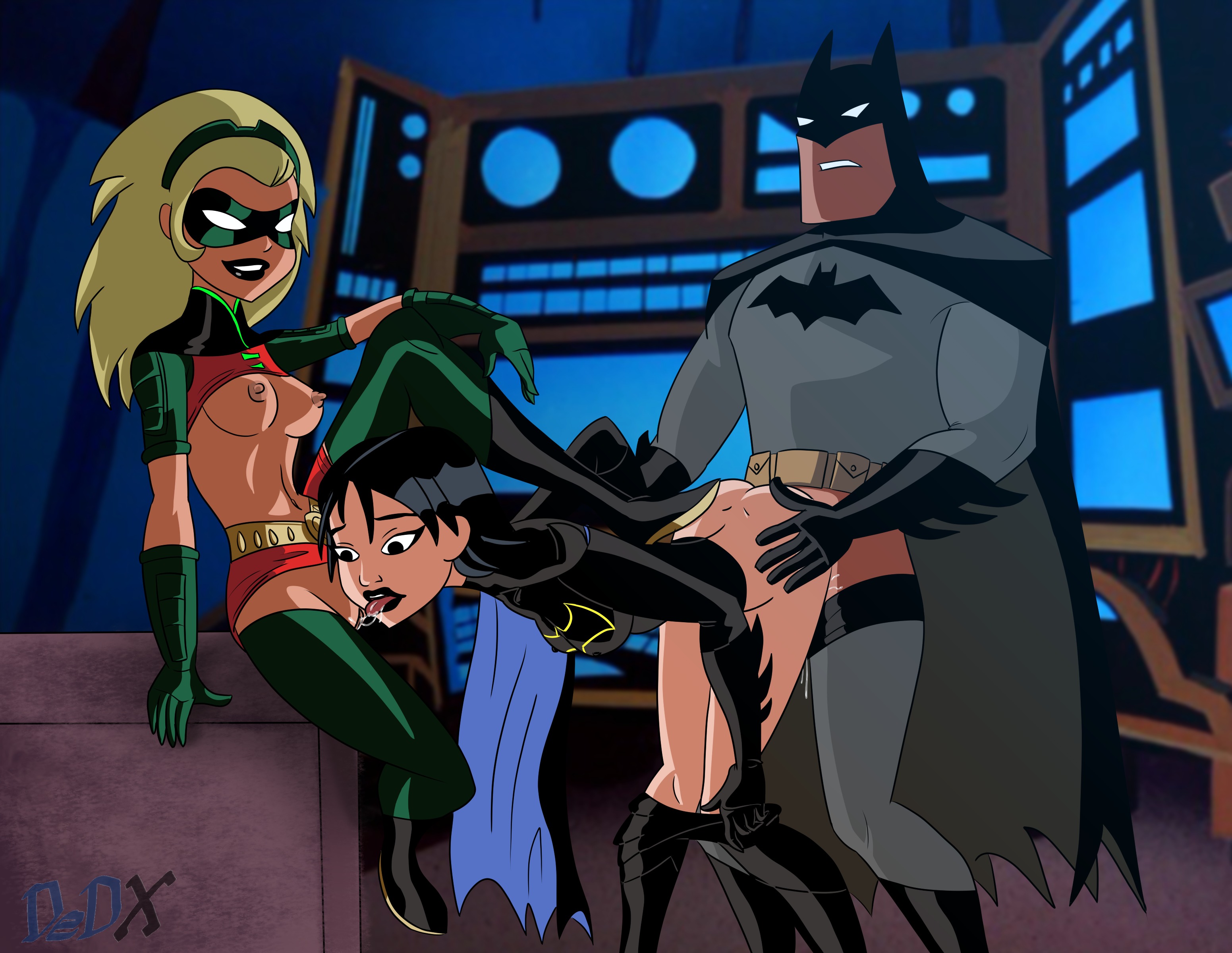 1boy, 2girls, 5 fingers, age difference, arched back, areola, areolae, artist name, ass, batgirl, batgirl (cassandra cain), batman, batman (bruce wayne), batman (series), batman: the animated series, belt, bent over, bisexual, bisexual female, black eyes, black hair, black lips, black lipstick, blonde, blonde hair, boots, bottomless, breasts, breasts out, breasts out of clothes, bruce wayne, cape, cassandra cain, clenched teeth, clothed sex, color, colored, costume, cum, cum in pussy, cum inside, cunnilingus, dark hair, dc, dc comics, dcau, dedx, detailed background, doggy style, domino mask, ejaculation, erect nipples, exposed breasts, exposed nipples, exposed pussy, female, female penetrated, footwear, functionally nude, gloves, hair, hairband, hairless pussy, happy, happy sex, hourglass figure, human, implied penetration, indoors, inside, interracial, licking, lipstick, long hair, makeup, male, male penetrating, mask, midriff, mouth open, multiple females, multiple girls, navel, nipple bulge, nipples, no bra, no panties, no underwear, nudity, older male, open eyes, open mouth, oral, oral sex, outfit, pants, pants down, penetration, pussy, pussy juice, robin (dc), robin (stephanie brown), round ears, semen, sex, shaved pussy, shirt, shirt up, signature, sitting, skirt, skirt up, smile, standing, stephanie brown, superhero, superheroine, teacher and student, teeth, thin waist, threesome, tongue, tongue out, uncensored, utility belt, vagina, very long hair, waist grab, wet, yellow hair, younger female